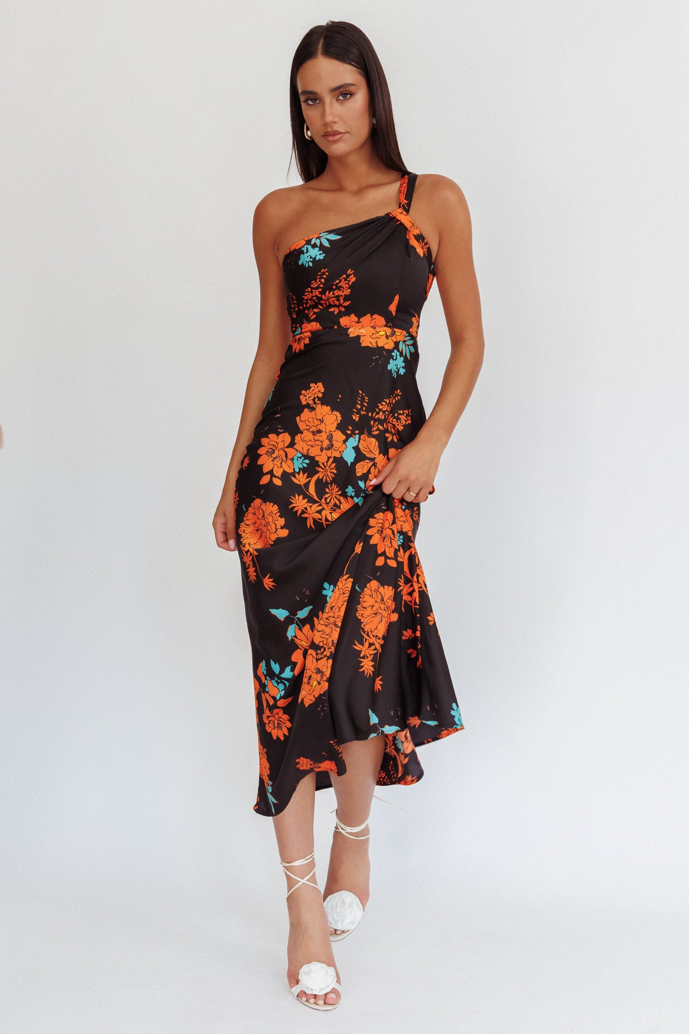 Fly Love Satin One Shoulder Maxi Dress Floral Black-Maymioy
