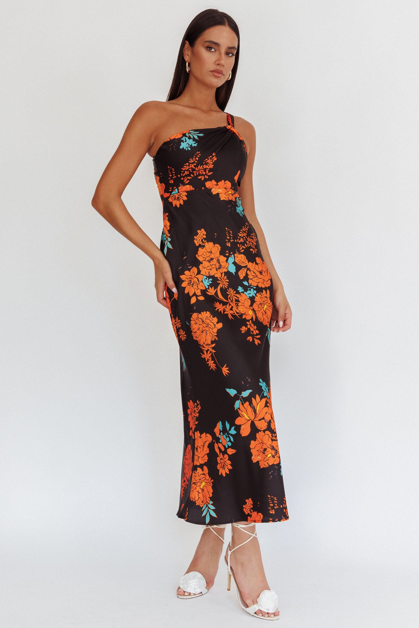 Fly Love Satin One Shoulder Maxi Dress Floral Black-Maymioy