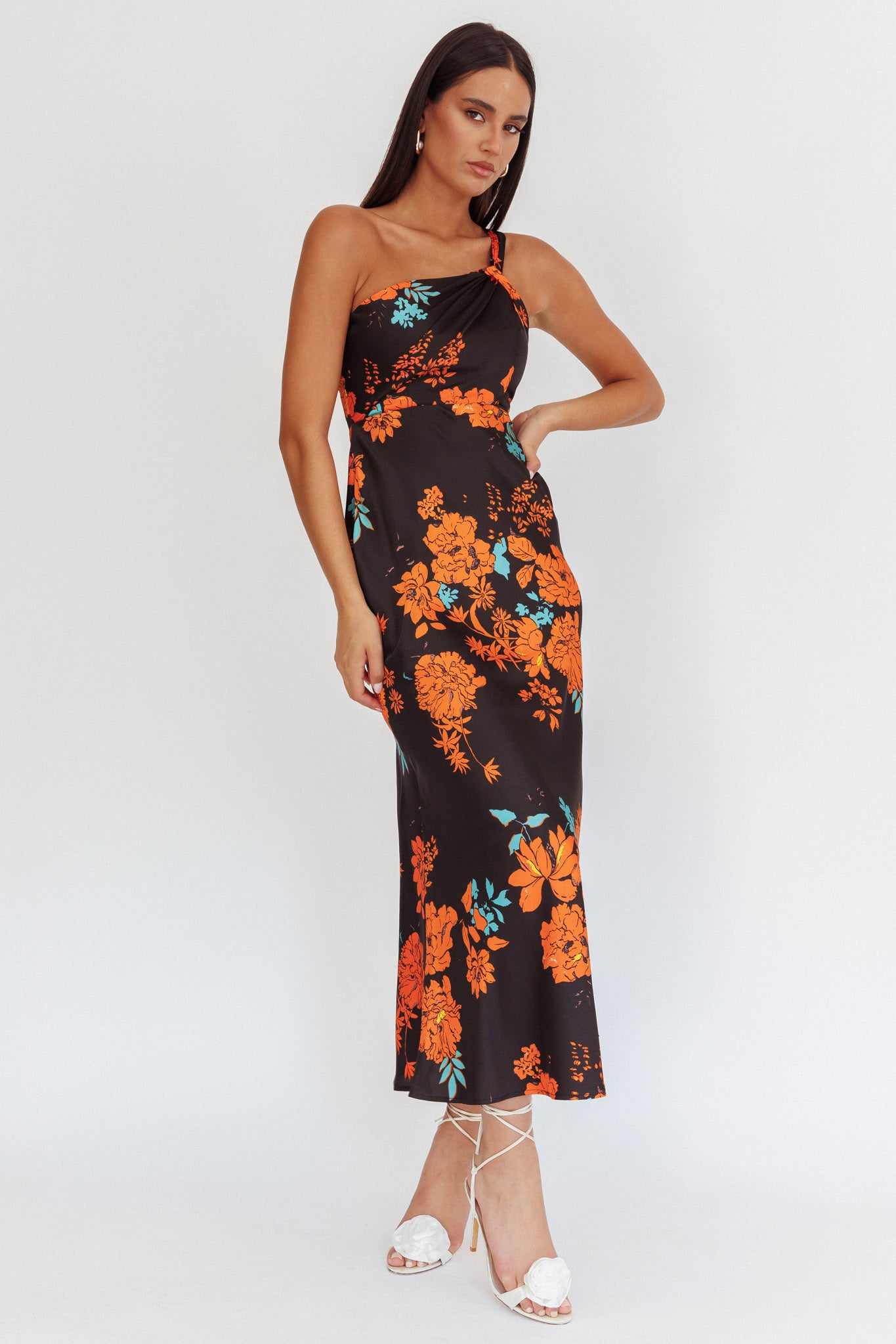 Fly Love Satin One Shoulder Maxi Dress Floral Black-Maymioy