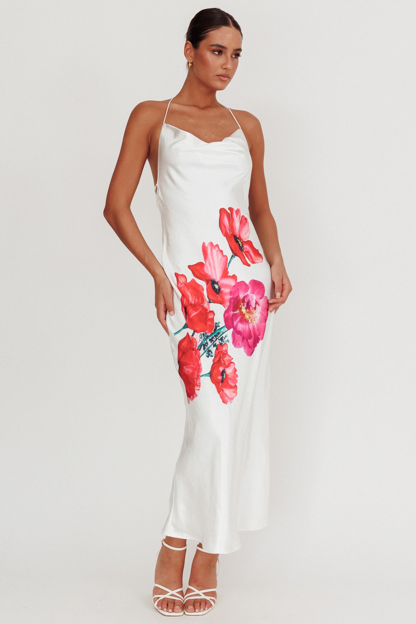 Seren Backless Cowl Neck Maxi Dress White-Maymioy