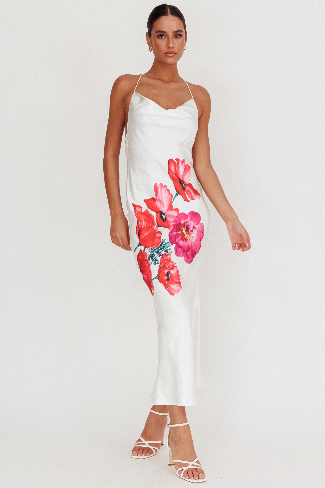 Seren Backless Cowl Neck Maxi Dress White-Maymioy