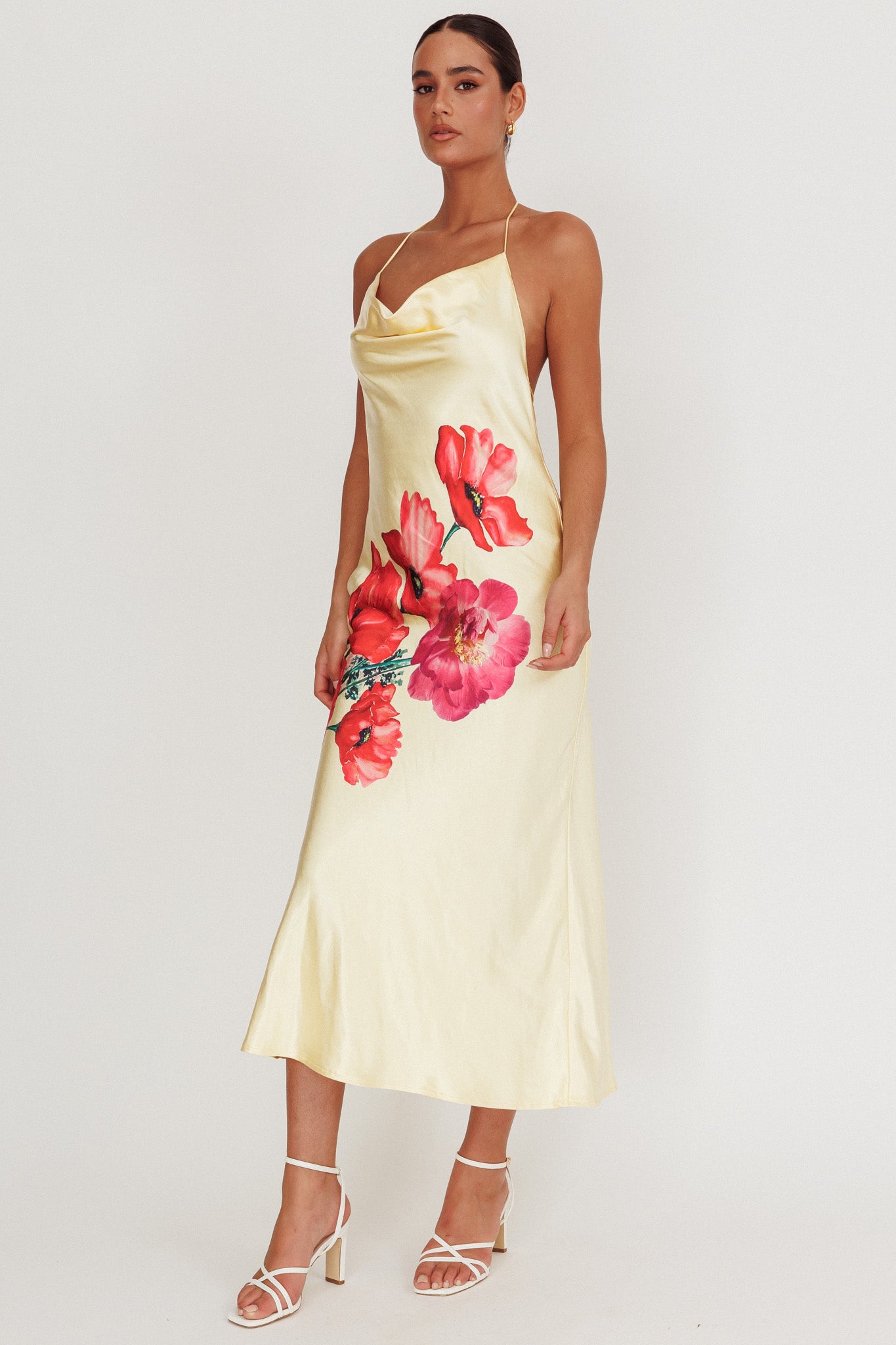 Seren Backless Cowl Neck Midi Dress Yellow-Maymioy