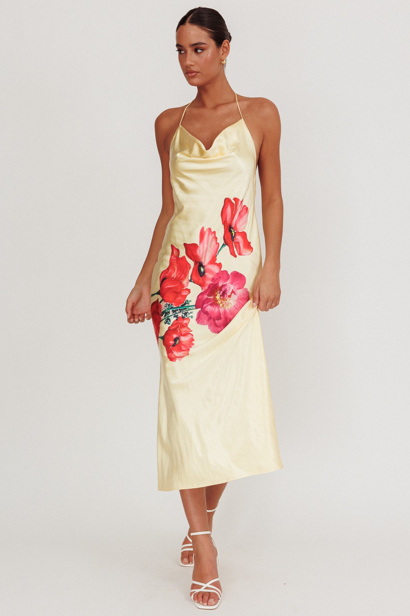 Seren Backless Cowl Neck Midi Dress Yellow-Maymioy