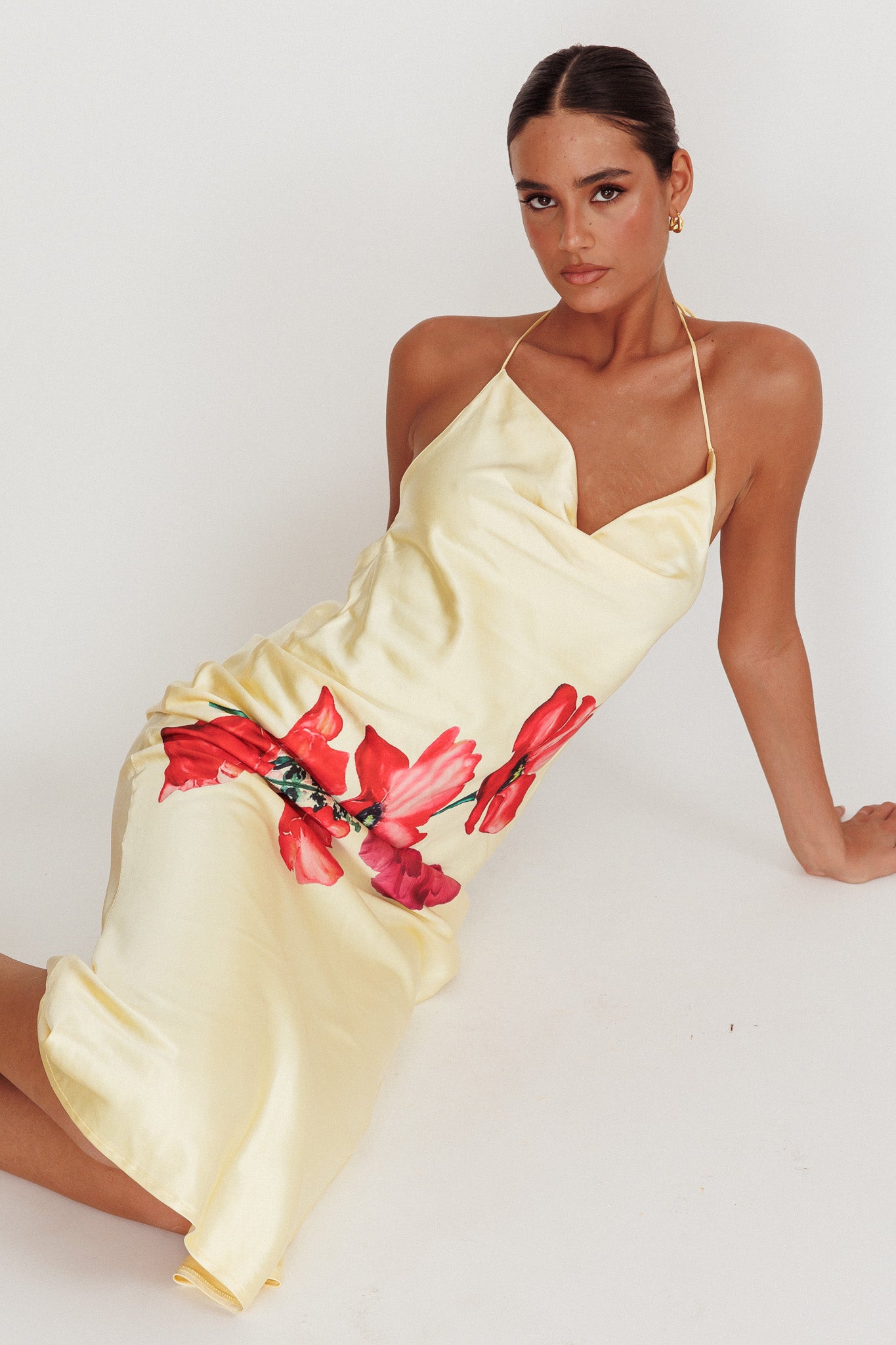 Seren Backless Cowl Neck Midi Dress Yellow-Maymioy