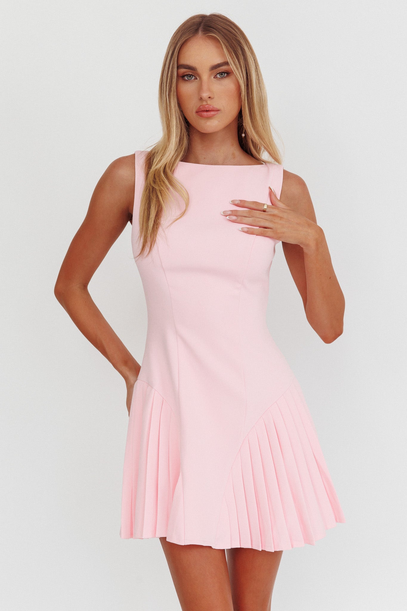 Opulent Accordion Pleat Mini Dress Pink-Maymioy