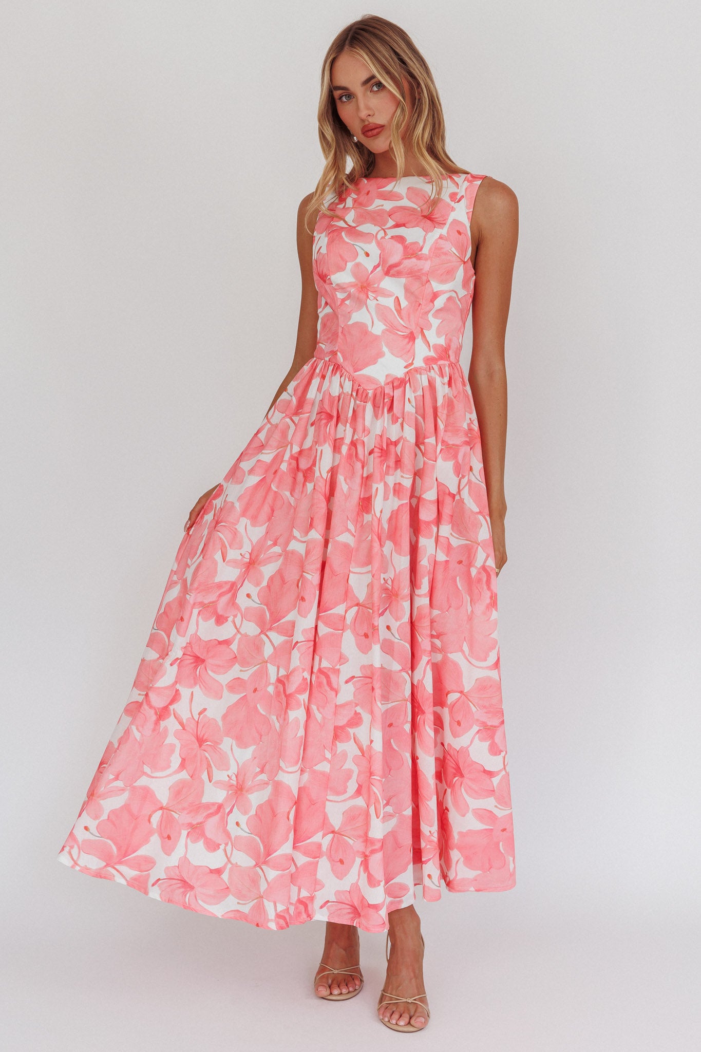 Opulent Low Back Maxi Dress Floral Pink-Maymioy