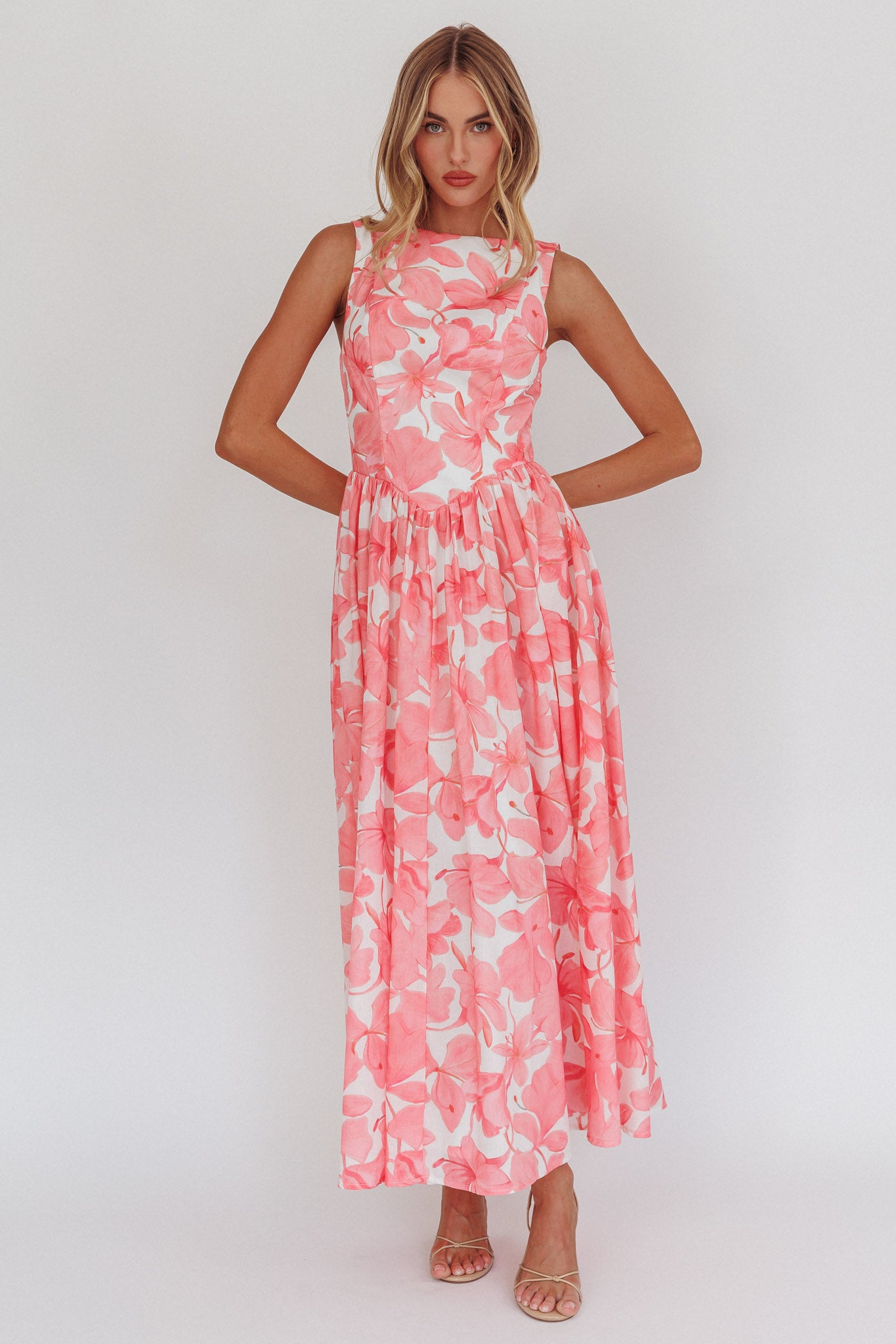 Opulent Low Back Maxi Dress Floral Pink-Maymioy