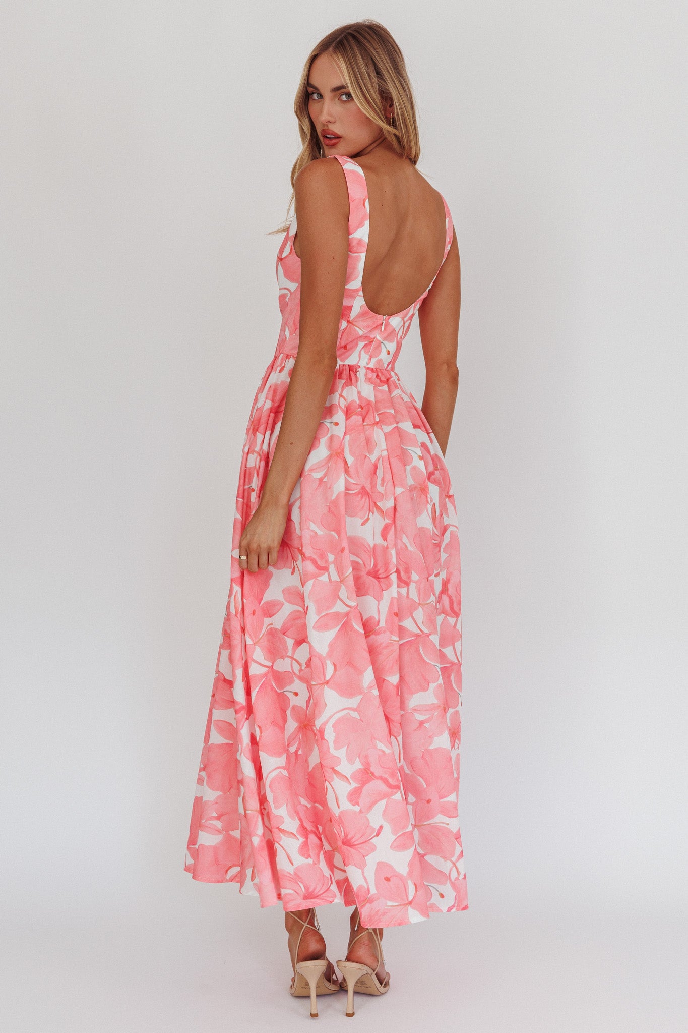 Opulent Low Back Maxi Dress Floral Pink-Maymioy
