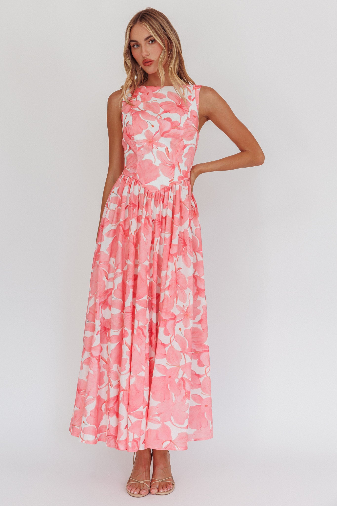 Opulent Low Back Maxi Dress Floral Pink-Maymioy