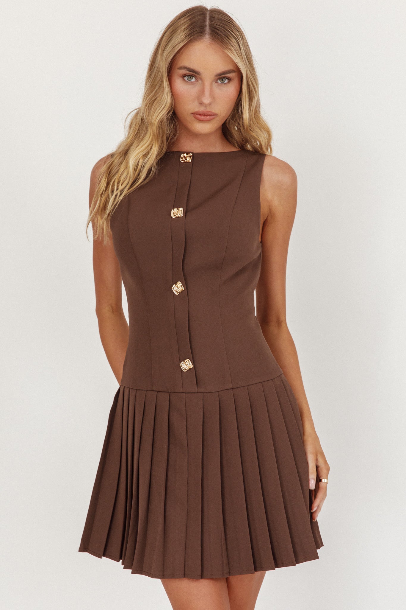 Opulent Pleat Skirt Button Mini Dress Coco-Maymioy