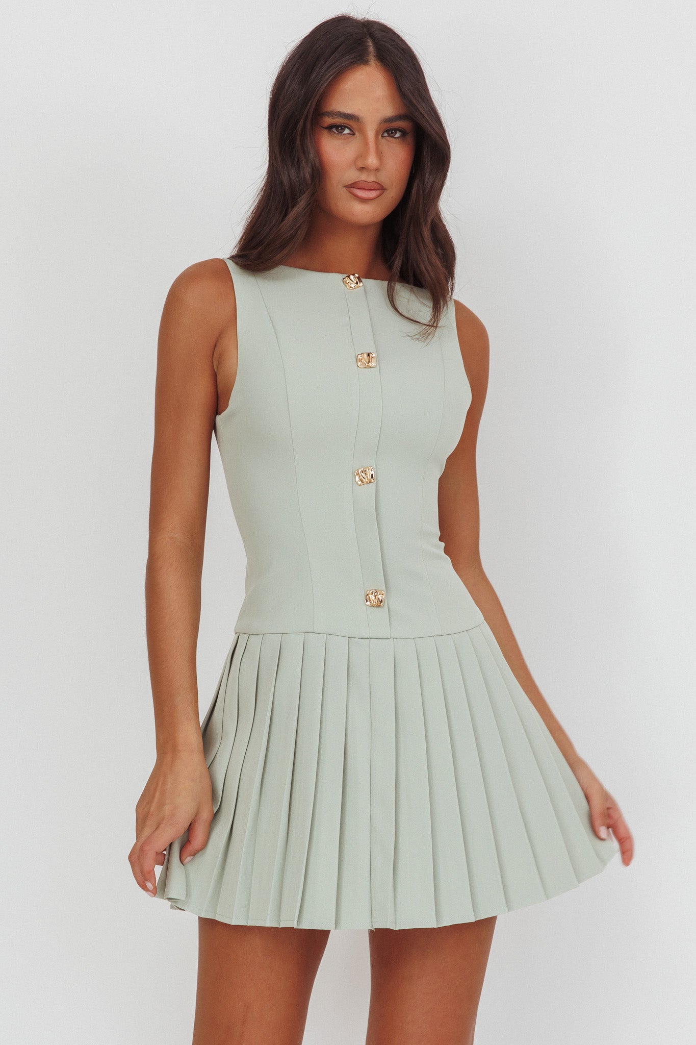 Opulent Pleat Skirt Button Mini Dress Sage-Maymioy