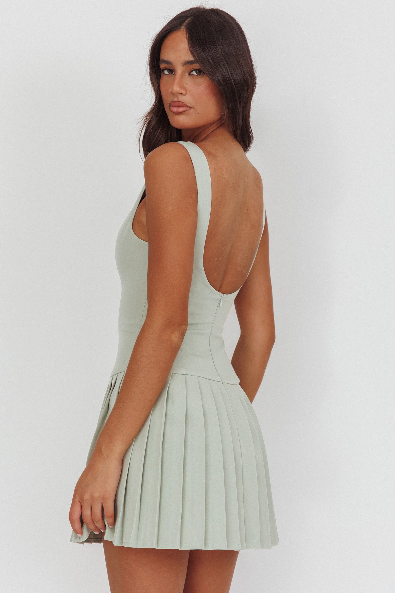 Opulent Pleat Skirt Button Mini Dress Sage-Maymioy