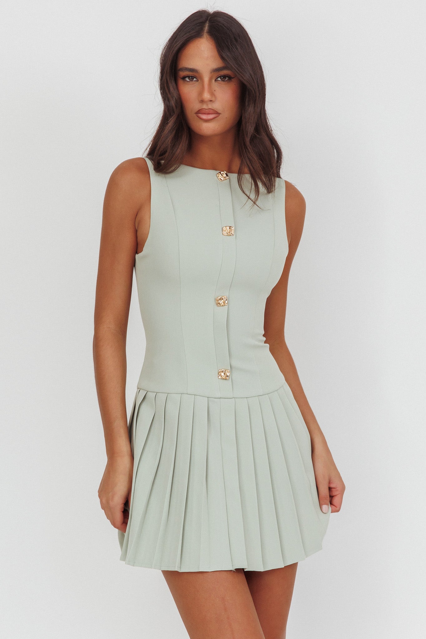 Opulent Pleat Skirt Button Mini Dress Sage-Maymioy
