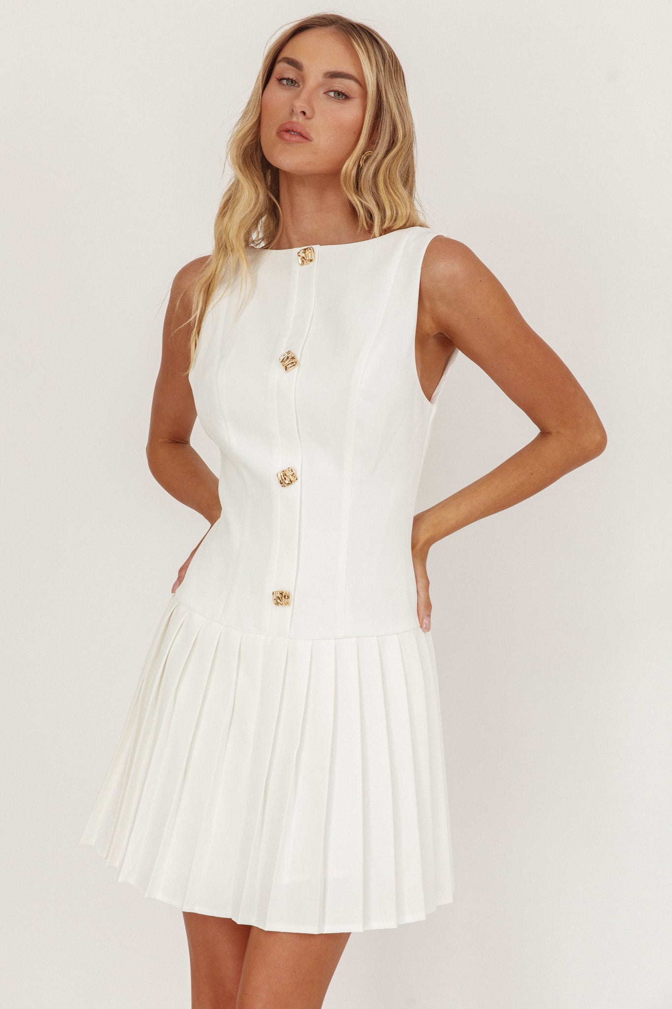 Opulent Pleat Skirt Button Mini Dress White-Maymioy