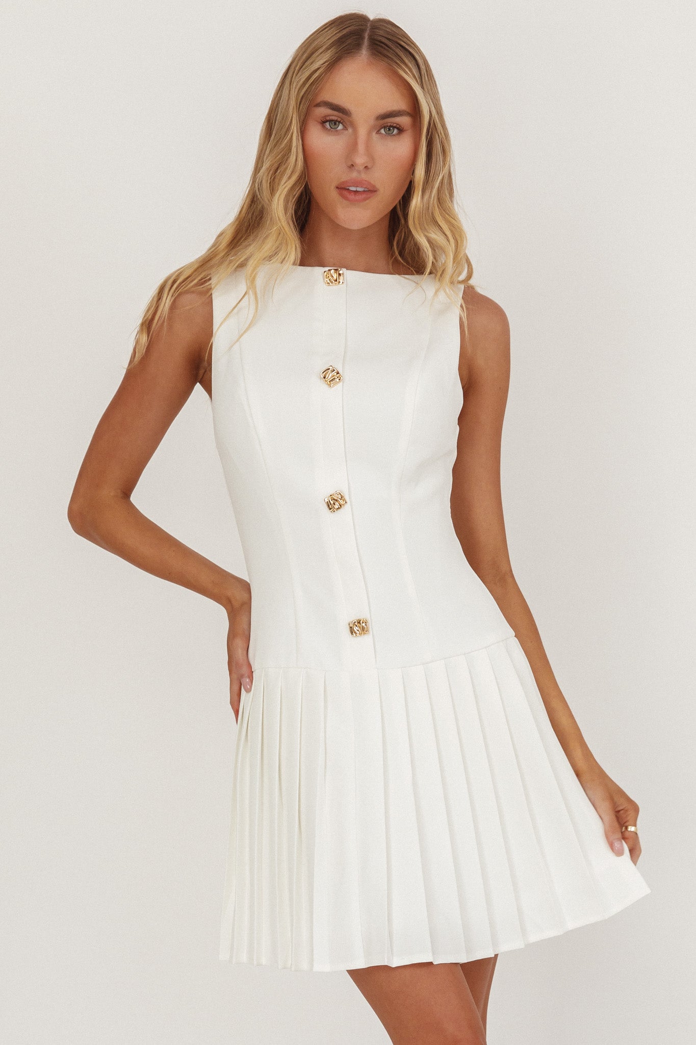 Opulent Pleat Skirt Button Mini Dress White-Maymioy