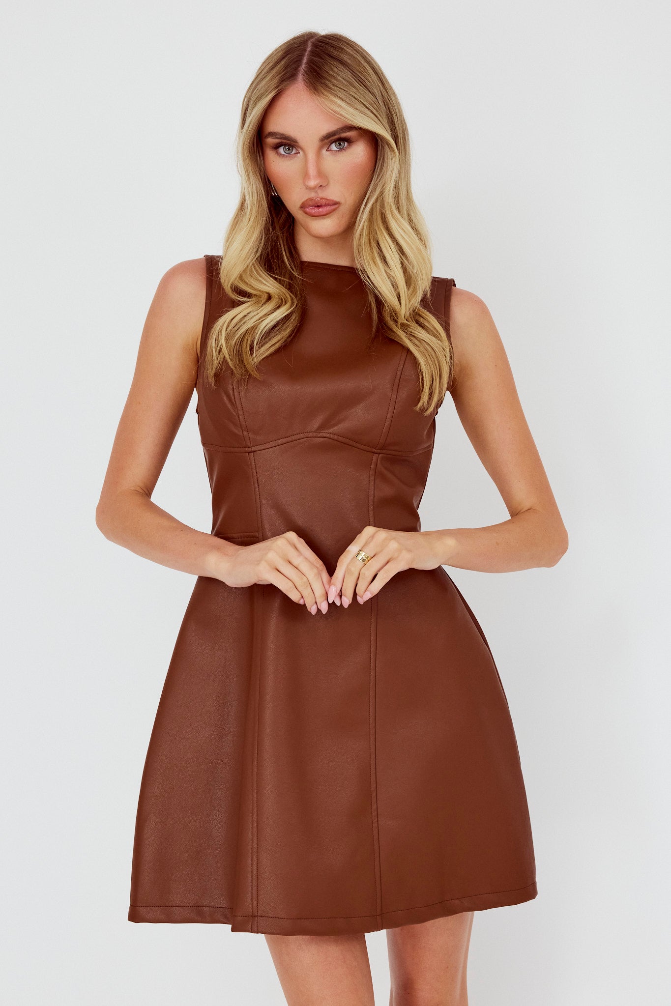 Opulent Sleeveless A-Line Mini Dress Faux Leather Brown-Maymioy
