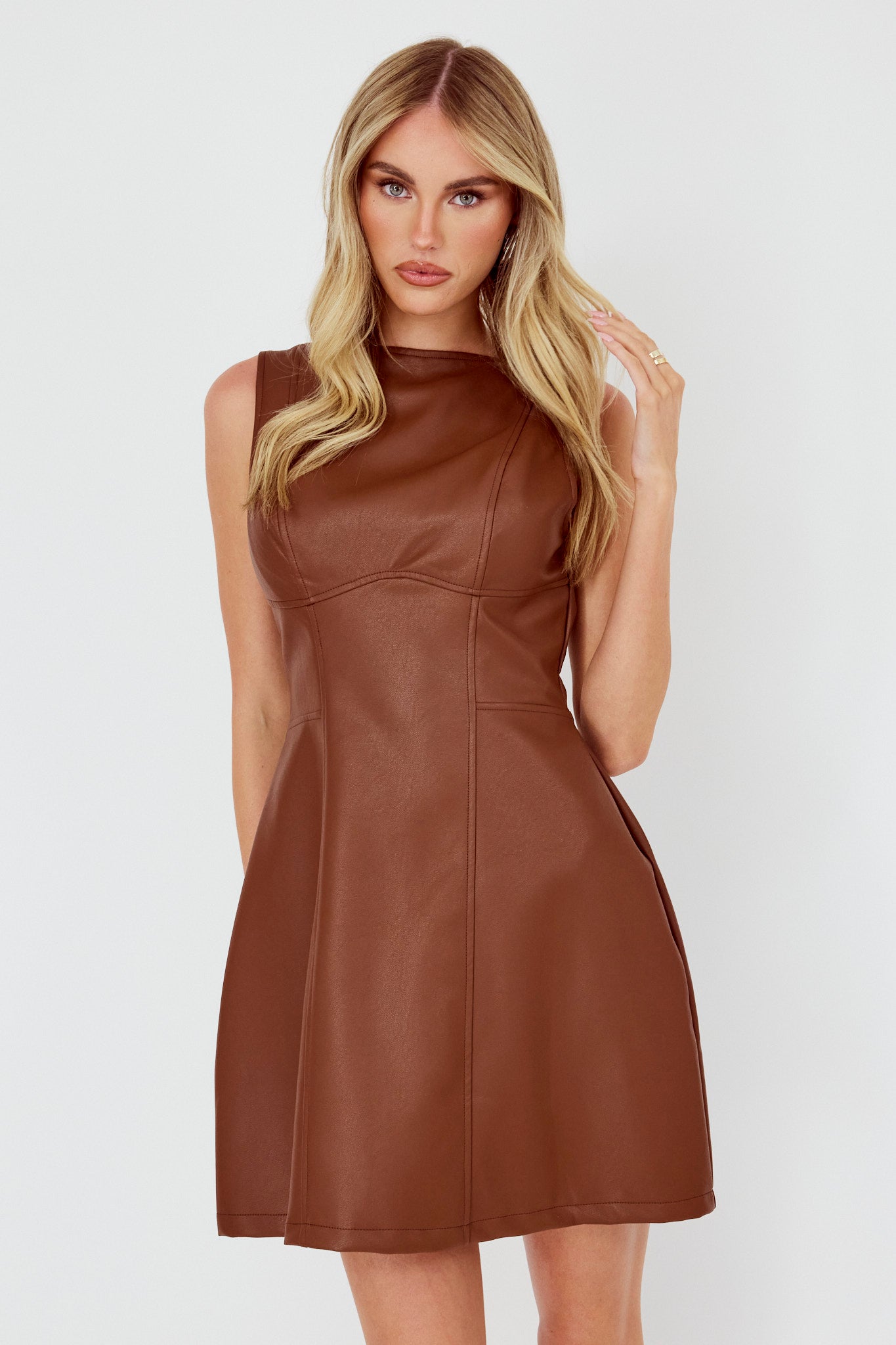 Opulent Sleeveless A-Line Mini Dress Faux Leather Brown-Maymioy
