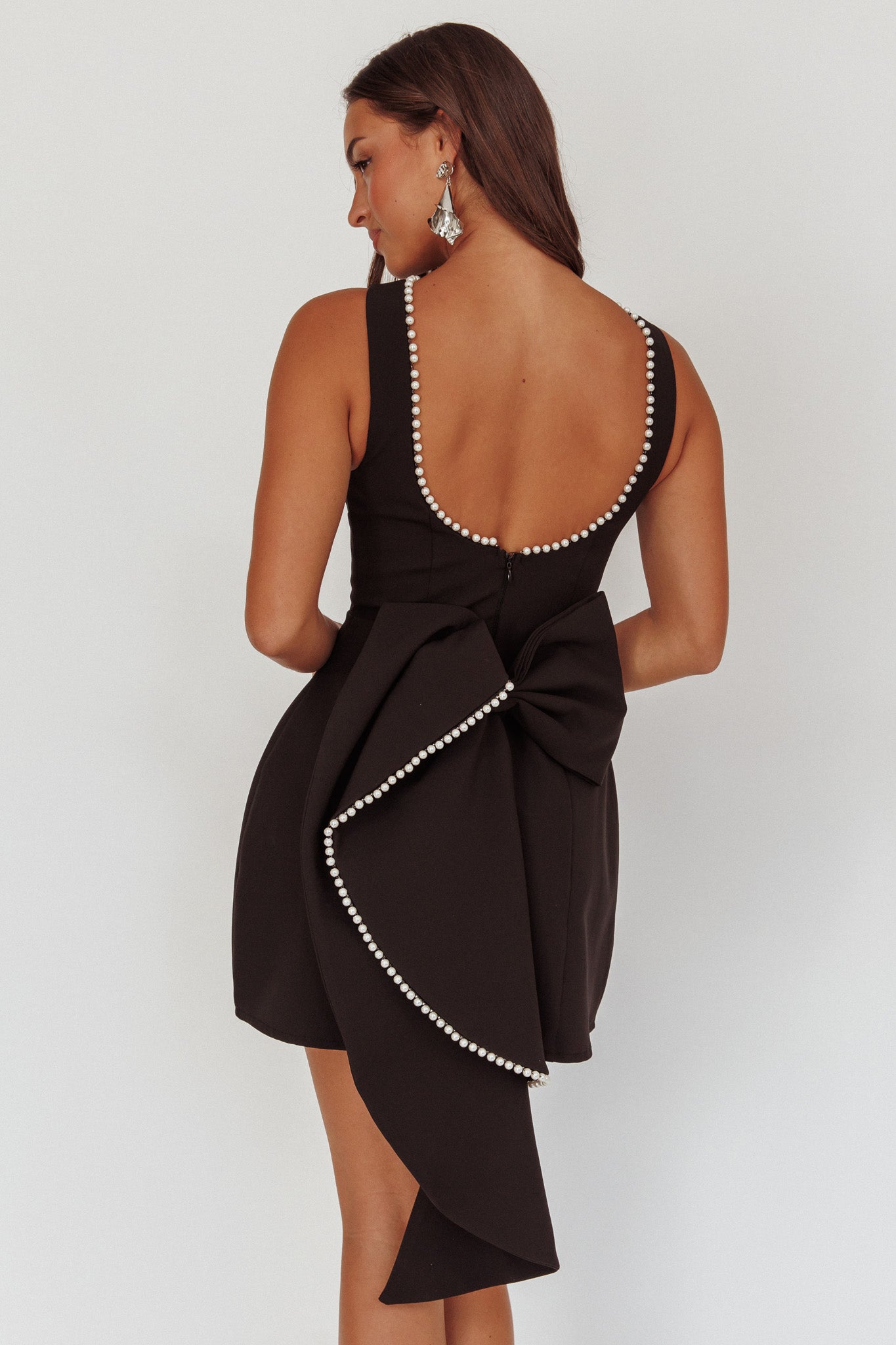 Opulent Pearl Trim Oversized Bow Mini Dress Black-Maymioy