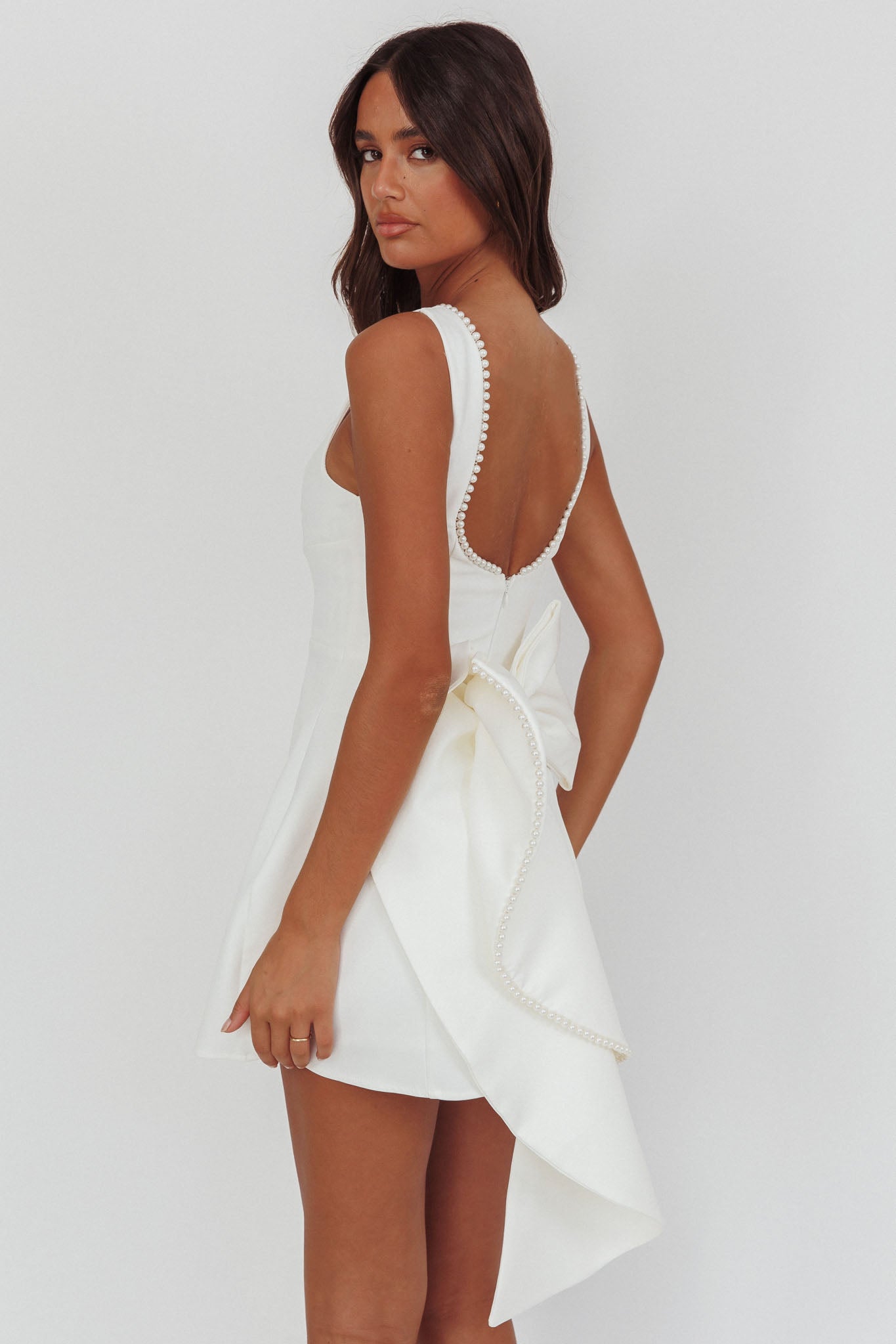 Opulent Pearl Trim Oversized Bow Mini Dress White-Maymioy