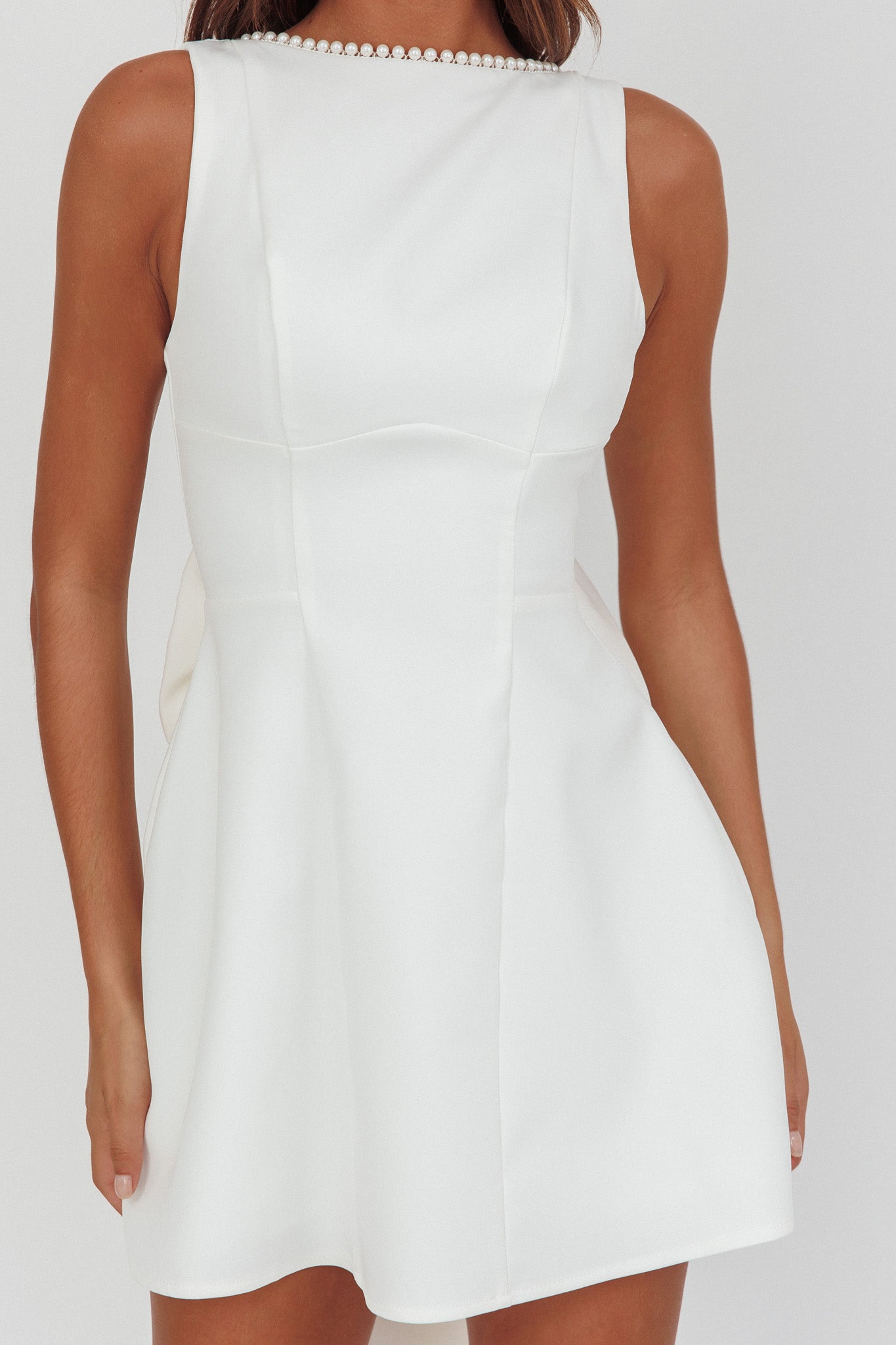 Opulent Pearl Trim Oversized Bow Mini Dress White-Maymioy