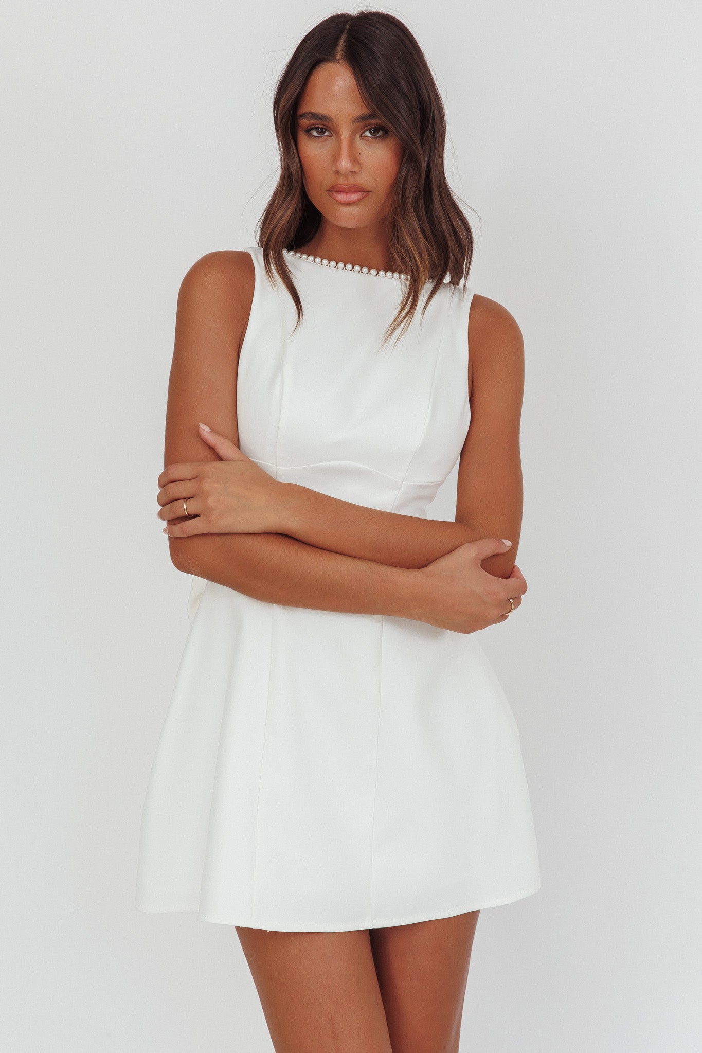 Opulent Pearl Trim Oversized Bow Mini Dress White-Maymioy