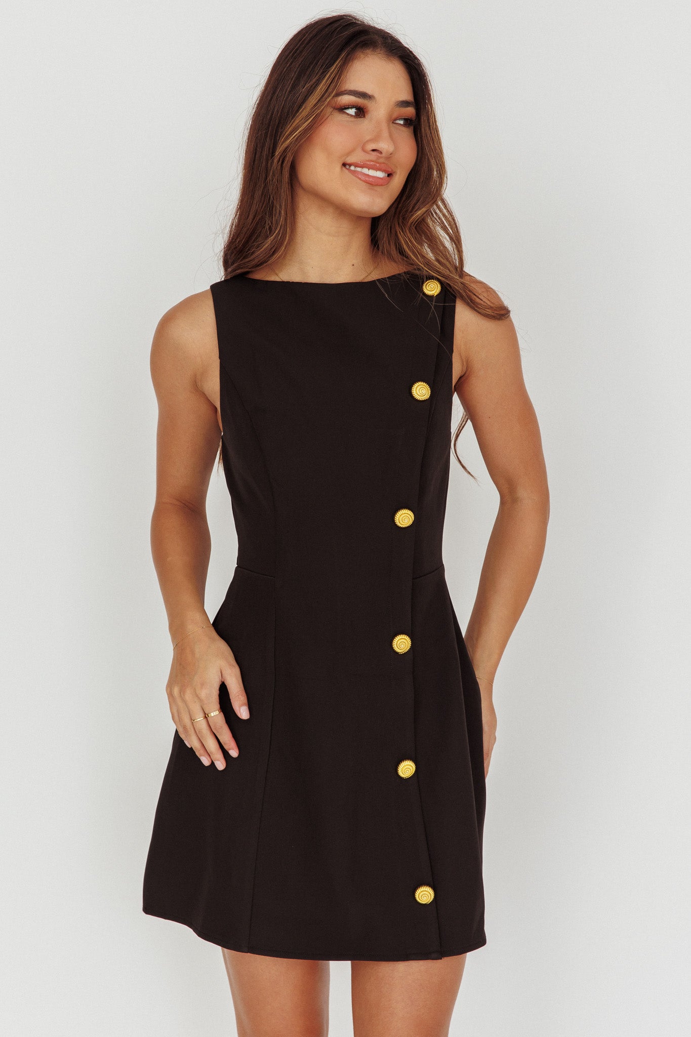 Opulent Button Front Mini Dress Black-Maymioy