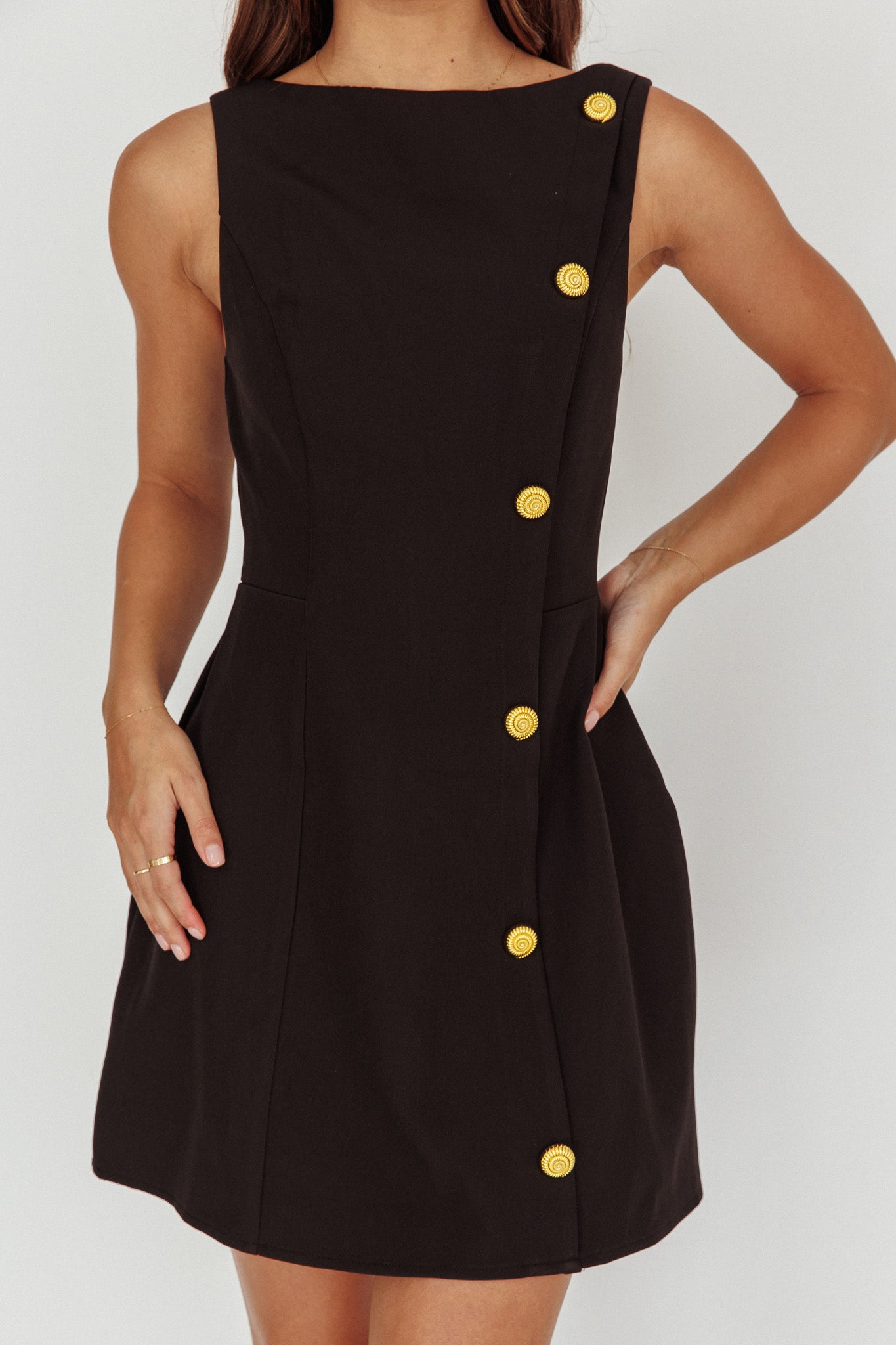 Opulent Button Front Mini Dress Black-Maymioy
