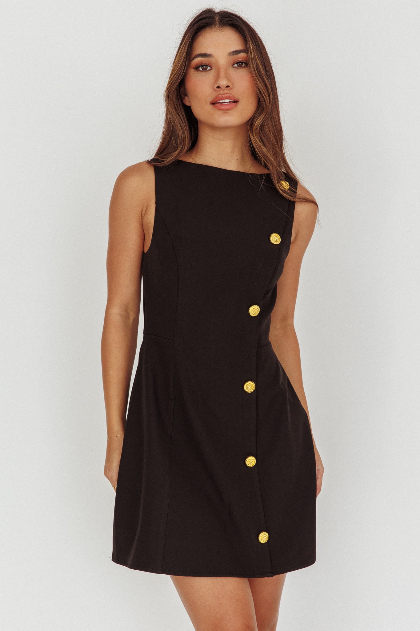Opulent Button Front Mini Dress Black-Maymioy