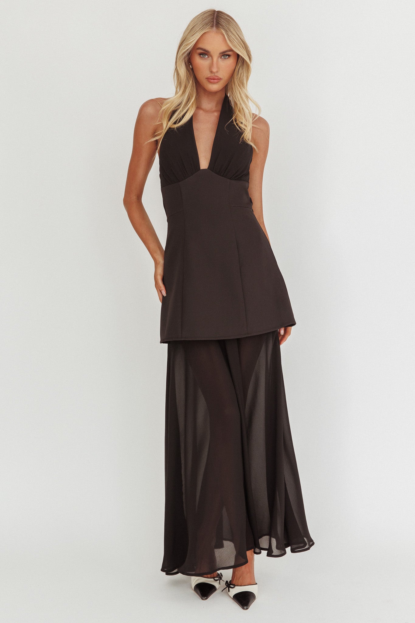 Opulent Halterneck Layered Maxi Dress Black-Maymioy