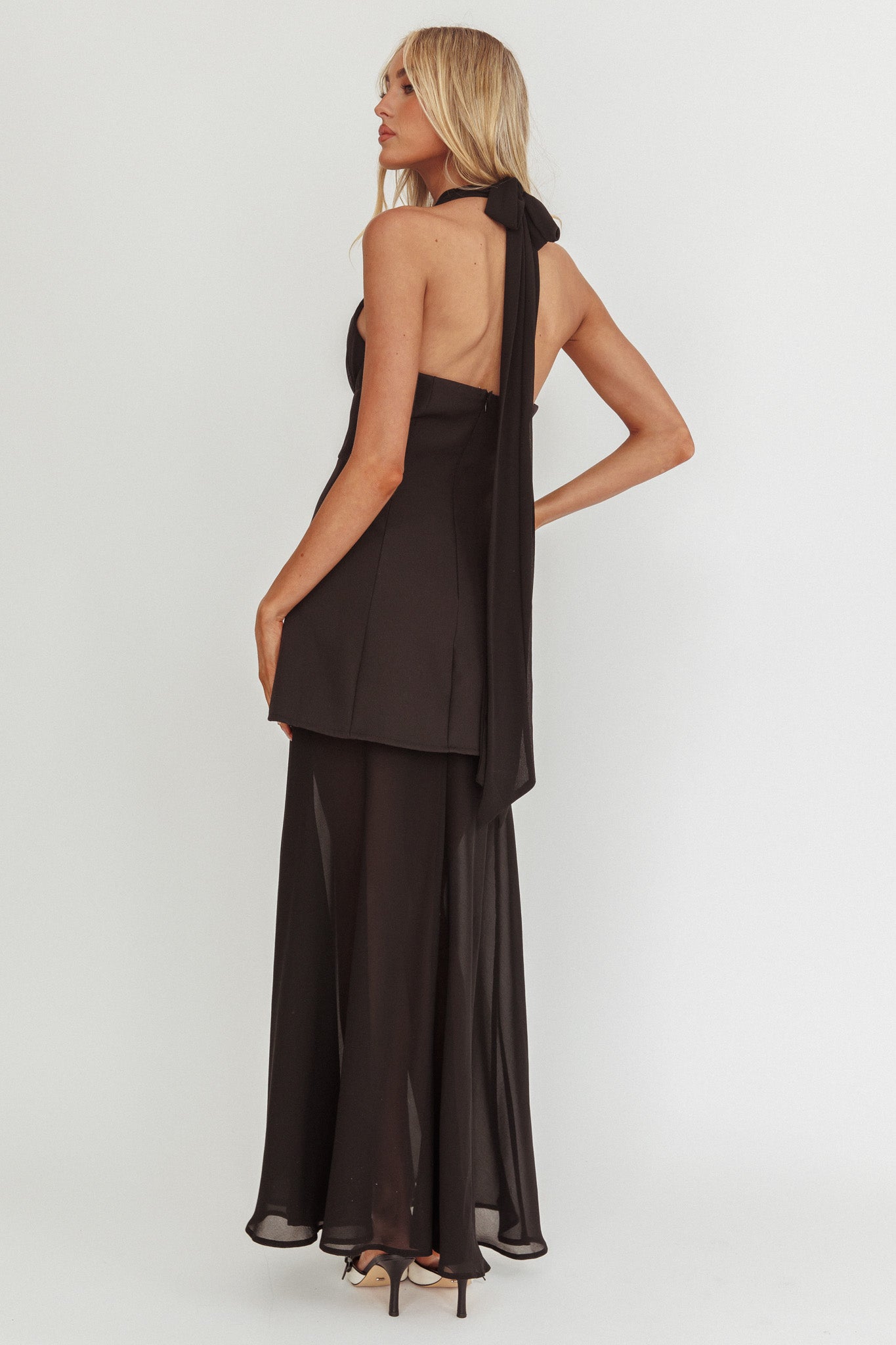 Opulent Halterneck Layered Maxi Dress Black-Maymioy