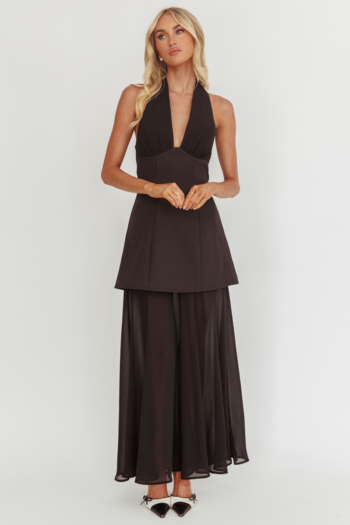 Opulent Halterneck Layered Maxi Dress Black-Maymioy