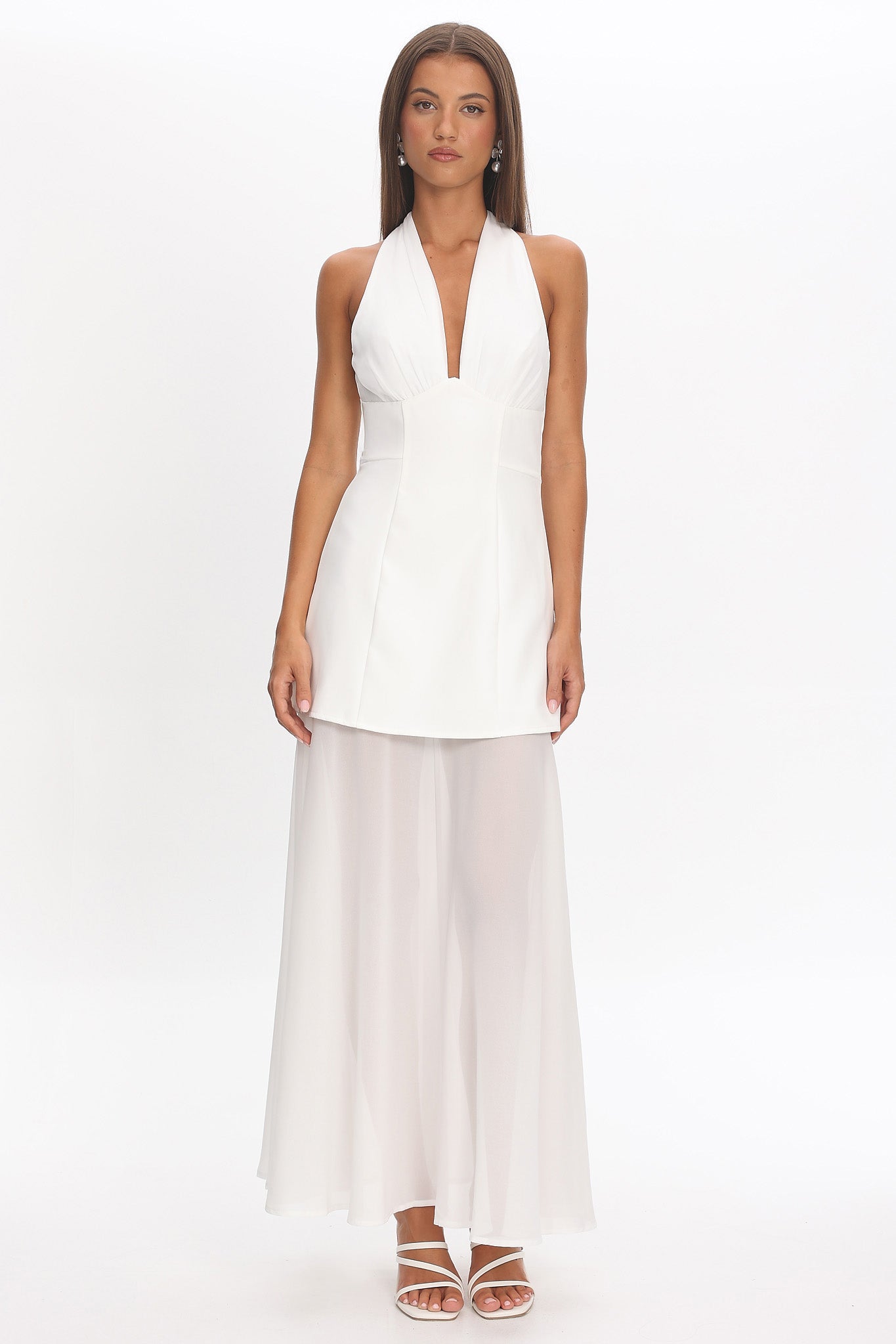 Opulent Halterneck Layered Maxi Dress White-Maymioy