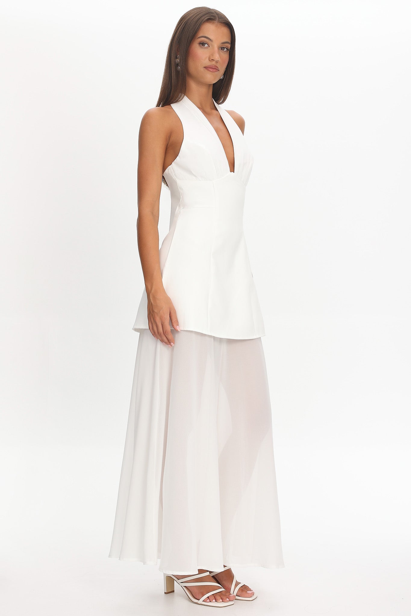 Opulent Halterneck Layered Maxi Dress White-Maymioy