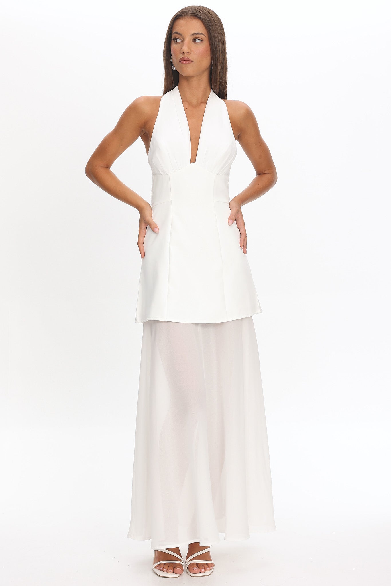 Opulent Halterneck Layered Maxi Dress White-Maymioy