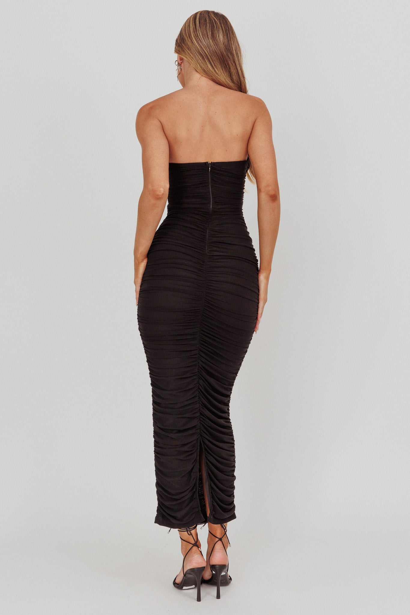 Midwest Strapless Gathered Mesh Maxi Dress Black-Maymioy