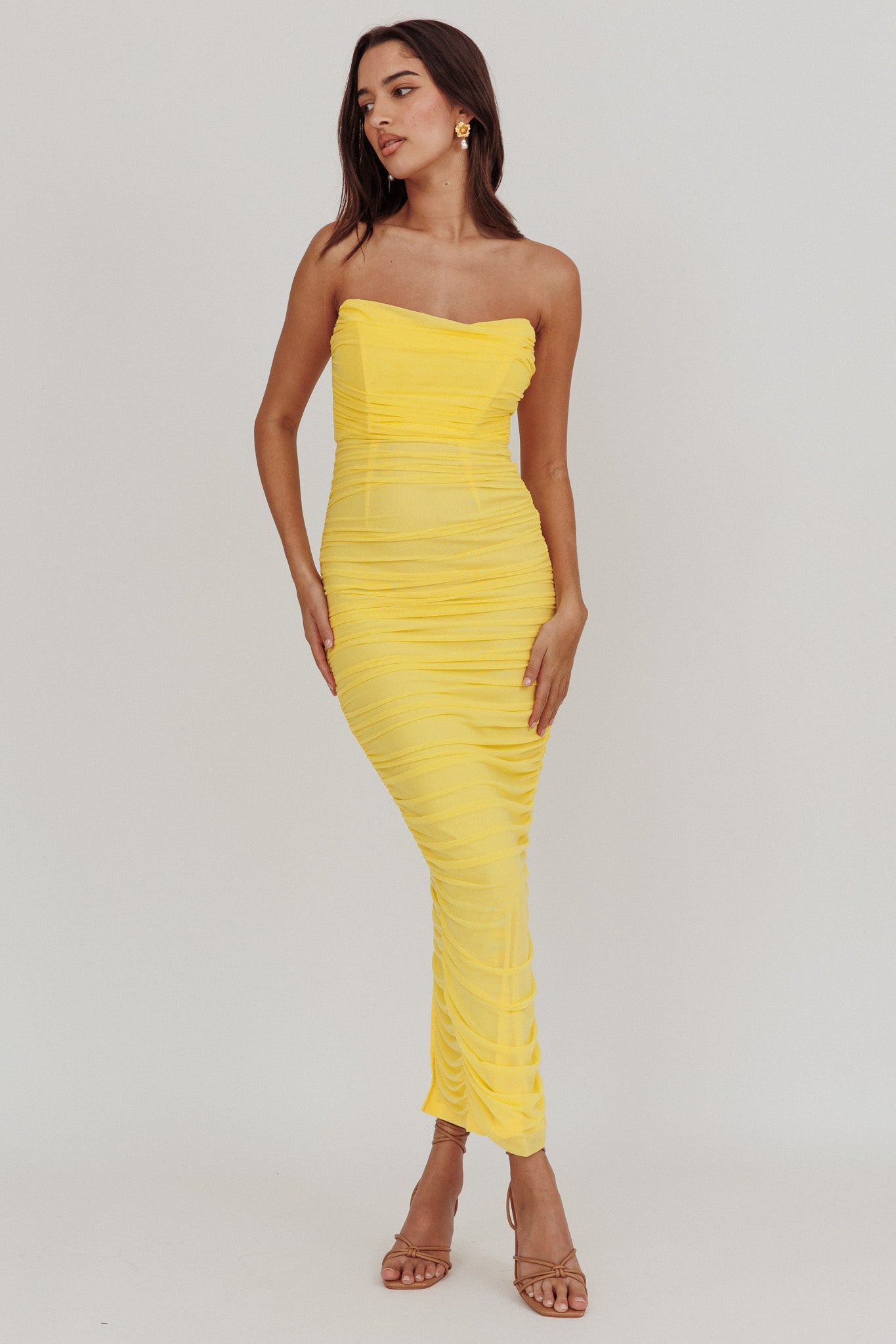 Midwest Strapless Gathered Mesh Maxi Dress Lemon-Maymioy