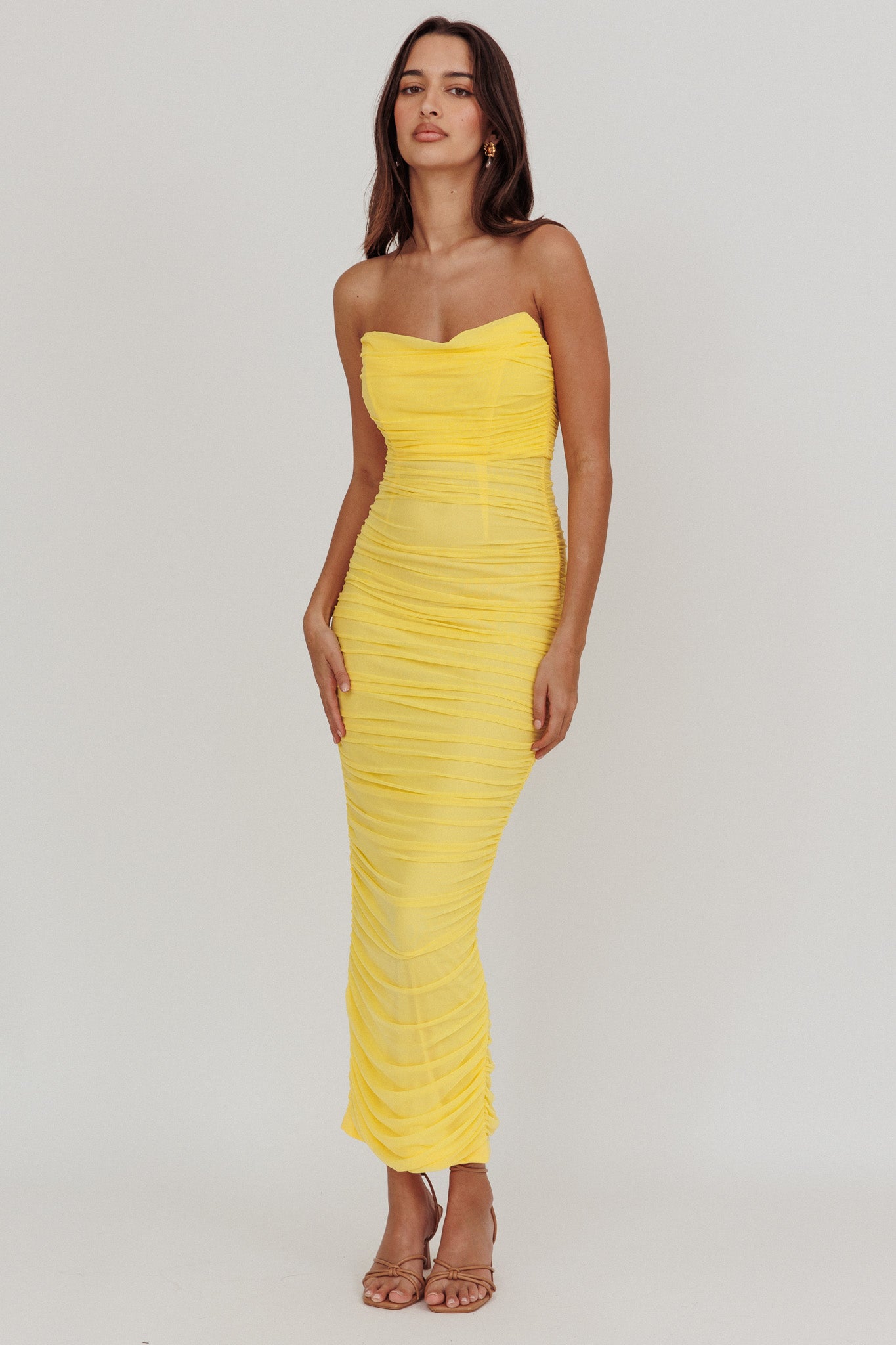 Midwest Strapless Gathered Mesh Maxi Dress Lemon-Maymioy