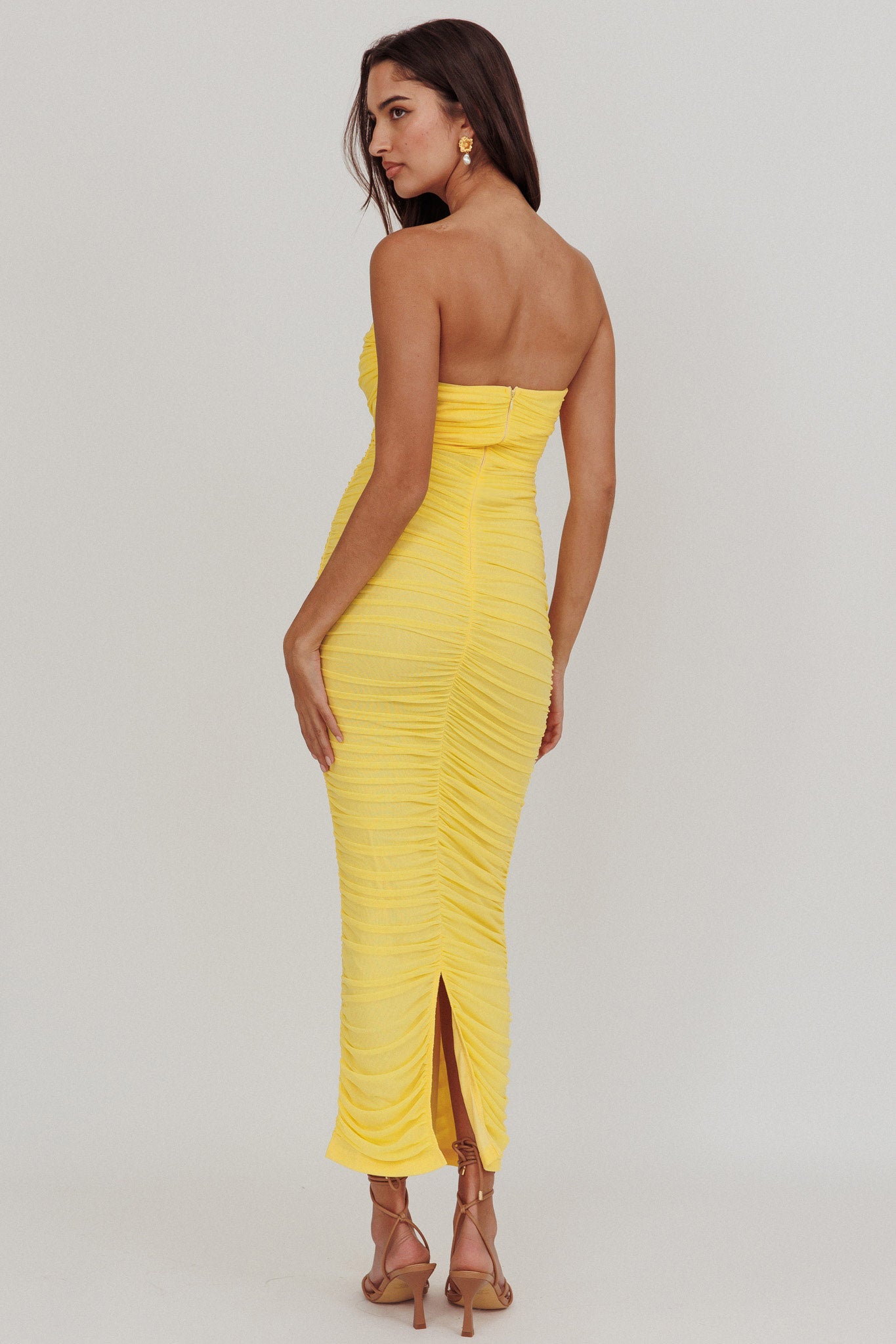 Midwest Strapless Gathered Mesh Maxi Dress Lemon-Maymioy