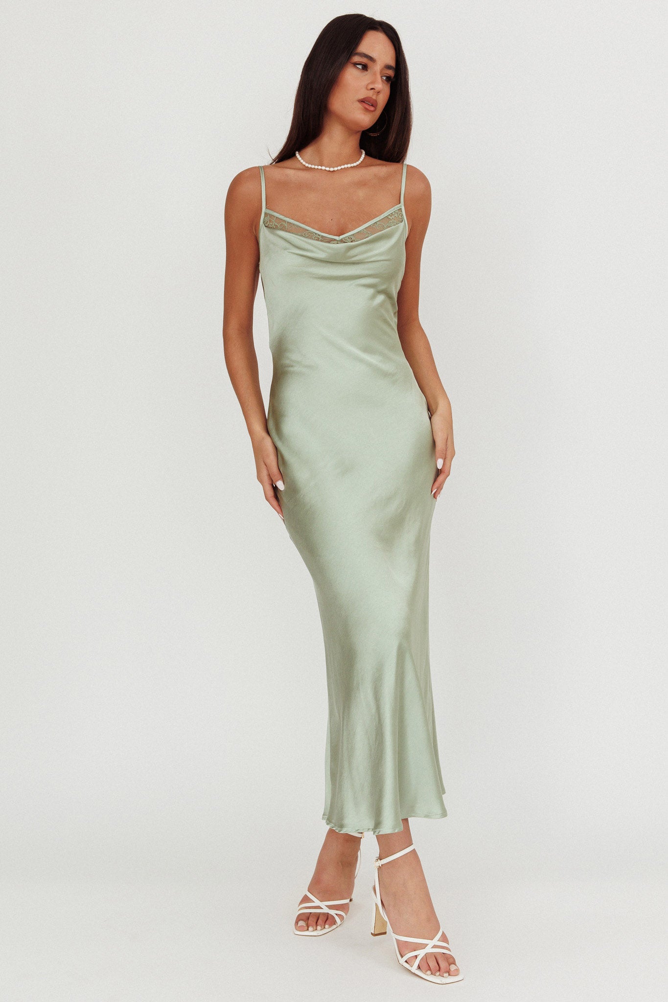 Gentle Touch Cowl Neck Satin Maxi Dress Sage-Maymioy