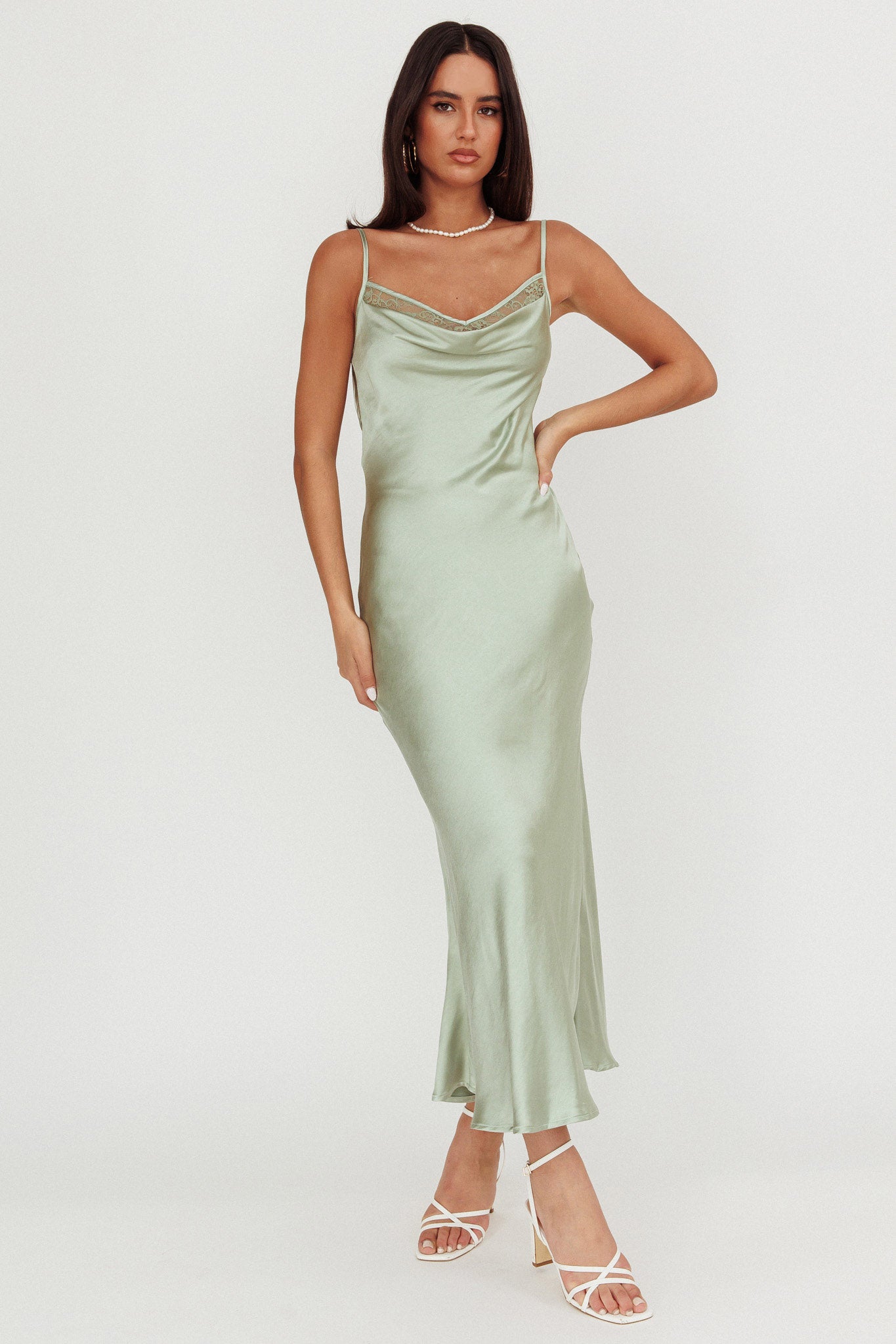 Gentle Touch Cowl Neck Satin Maxi Dress Sage-Maymioy