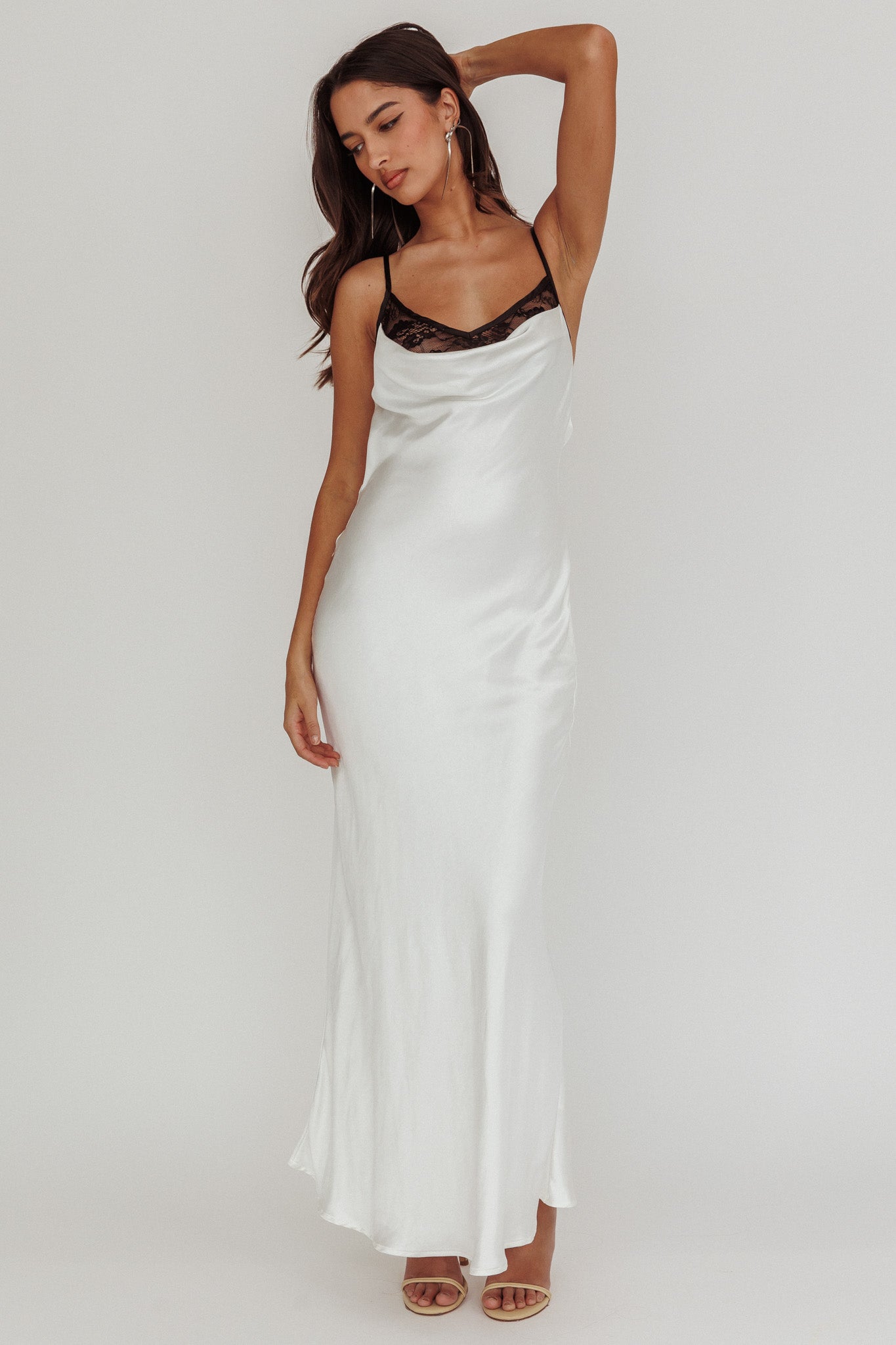 Gentle Touch Cowl Neck Satin Maxi Dress White-Maymioy