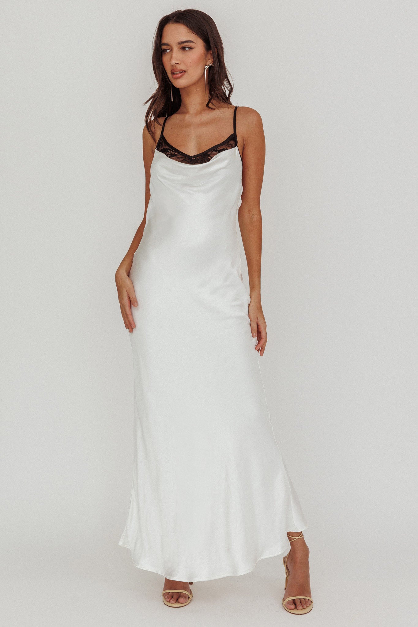 Gentle Touch Cowl Neck Satin Maxi Dress White-Maymioy