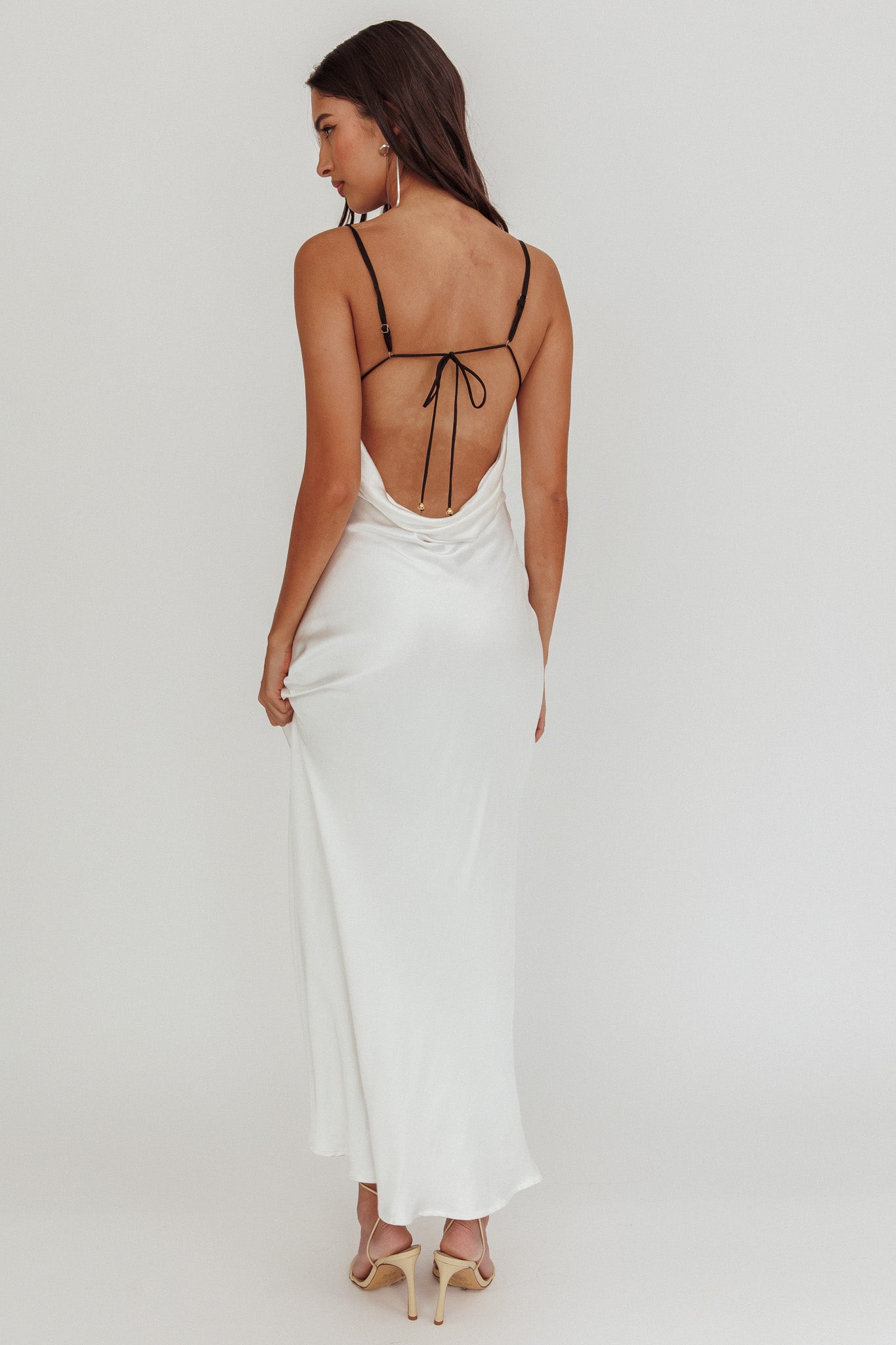Gentle Touch Cowl Neck Satin Maxi Dress White-Maymioy