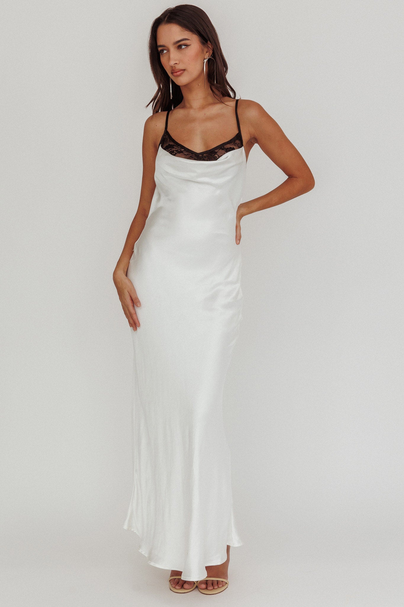 Gentle Touch Cowl Neck Satin Maxi Dress White-Maymioy