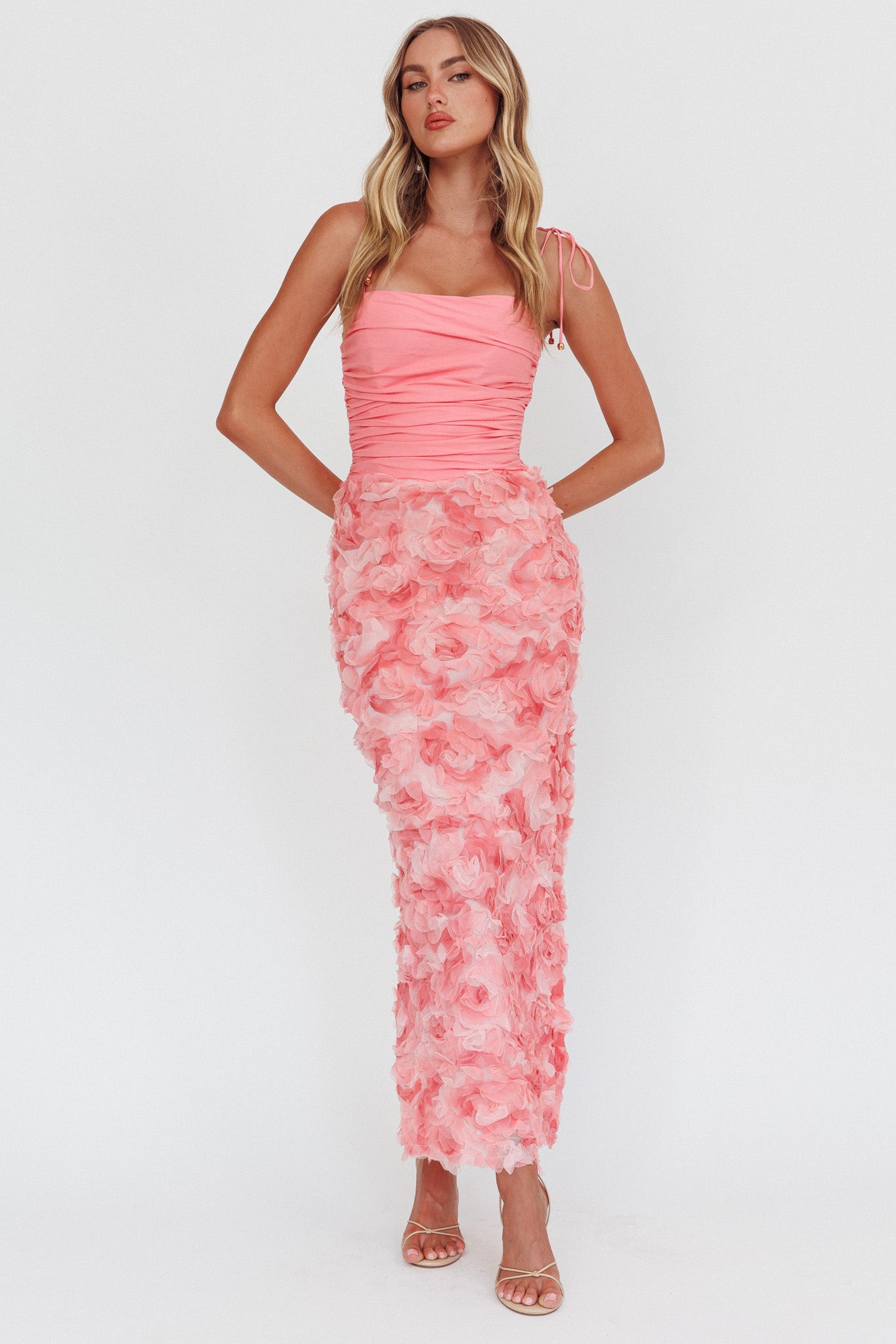 Love & Honor Textured Floral Maxi Dress Pink-Maymioy