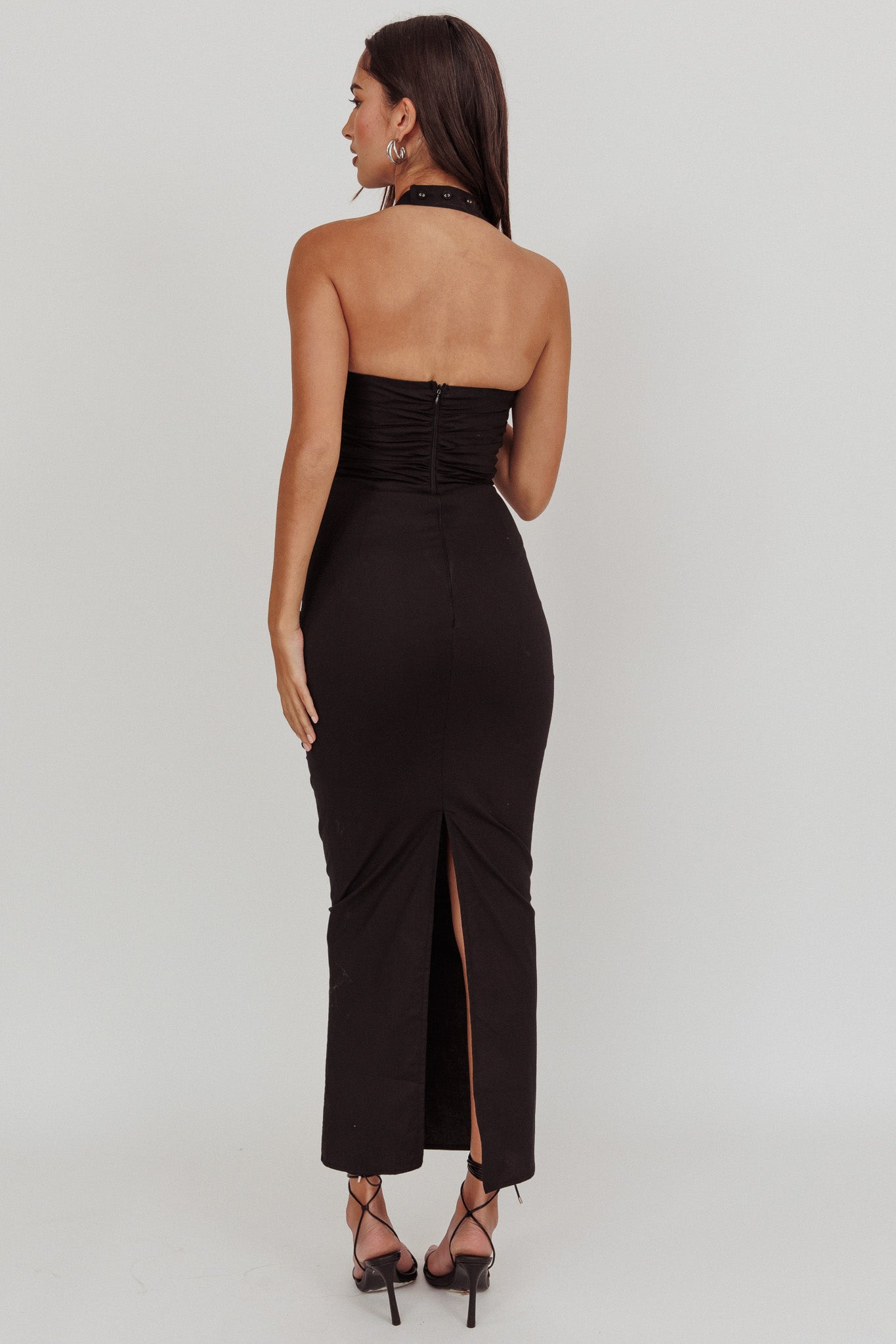 Scout Halterneck Ruched Maxi Dress Black-Maymioy