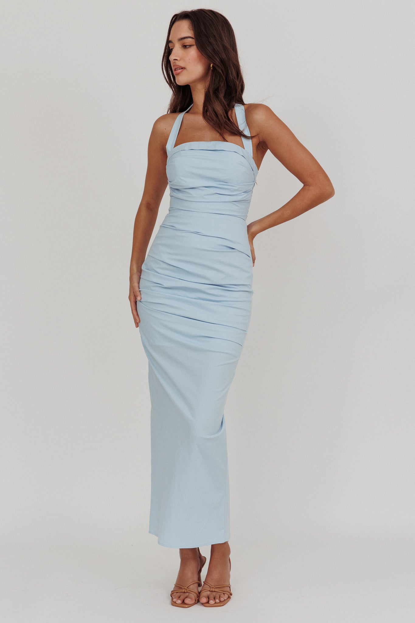 Scout Halterneck Ruched Maxi Dress Blue-Maymioy