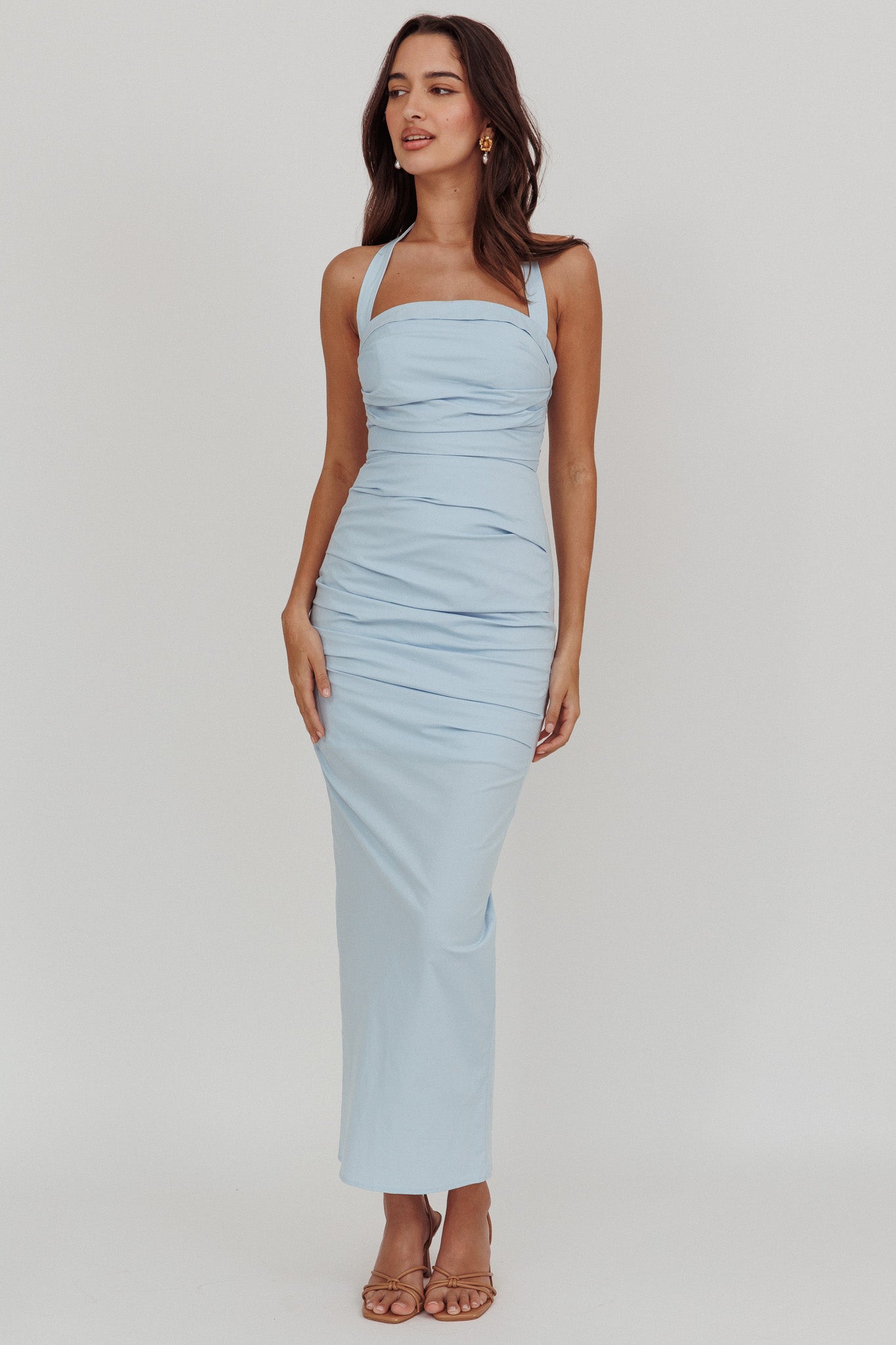 Scout Halterneck Ruched Maxi Dress Blue-Maymioy
