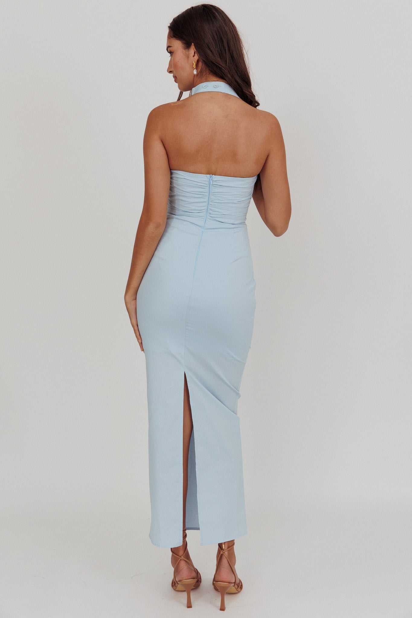 Scout Halterneck Ruched Maxi Dress Blue-Maymioy