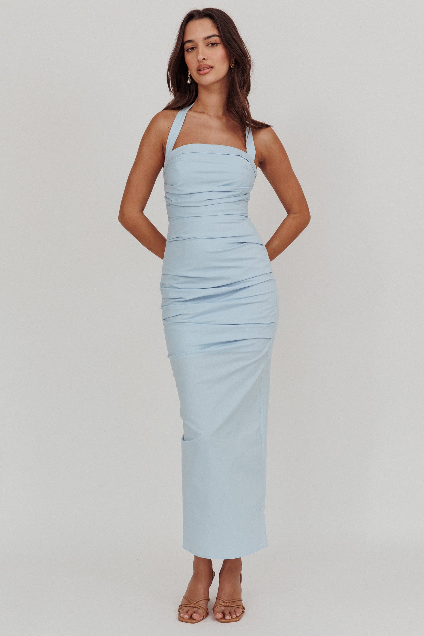 Scout Halterneck Ruched Maxi Dress Blue-Maymioy